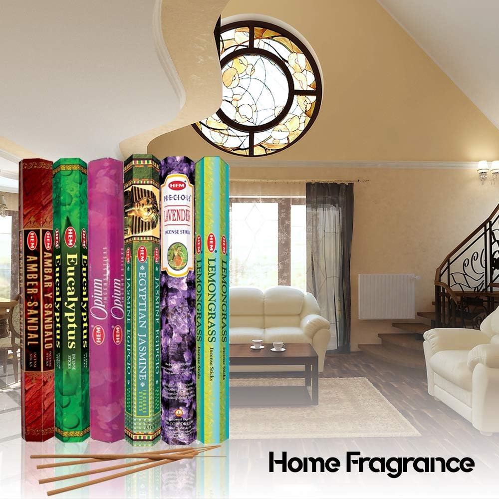 HEM assorted best sellers incense sticks pack of 6 - 120 Sticks, Fragrance - Lemongrass, Lavender, Egyptian Jasmine, Ambar Sandalo, Opium, Eucalyptus