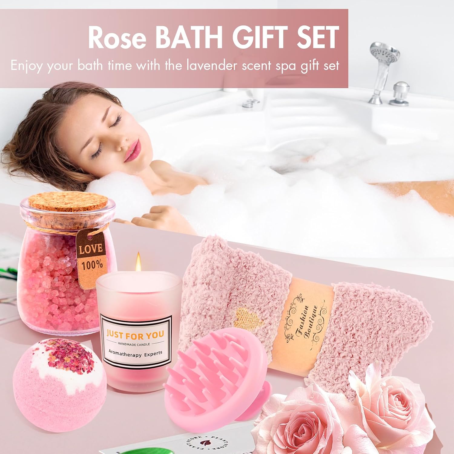 12 Piece Spa Gifts Set for Women, Self Care Gift Basket for Mom Wife Her, Relaxing Gifts with Eye Mask, Water Bottle, Bath Bombs, Aromatherapy for Valentines Day, Birthday, Christmas (Rose)