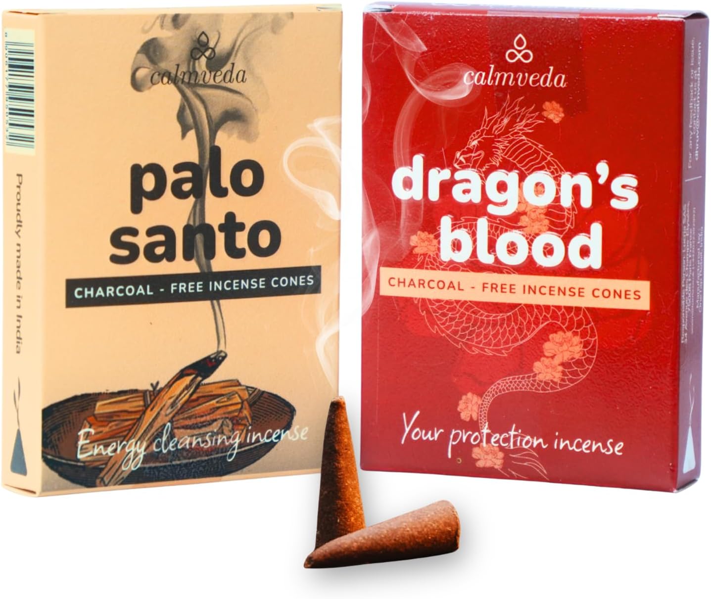 CALMVEDA Sacred Energy Incense Cones - Value Pack of 24 Fragrant Cone (Palo Santo Cones & Dragons Blood Incense Cones) Charcoal-Free & Handmade from Upcycled Sacred Flowers|for Energy Cleansing