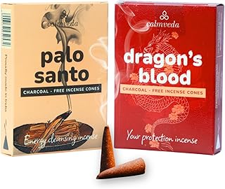CALMVEDA Sacred Energy Incense Cones - Value Pack of 24 Fragrant Cone (Palo Santo Cones & Dragons Blood Incense Cones) Charcoal-Free & Handmade from Upcycled Sacred Flowers|for Energy Cleansing