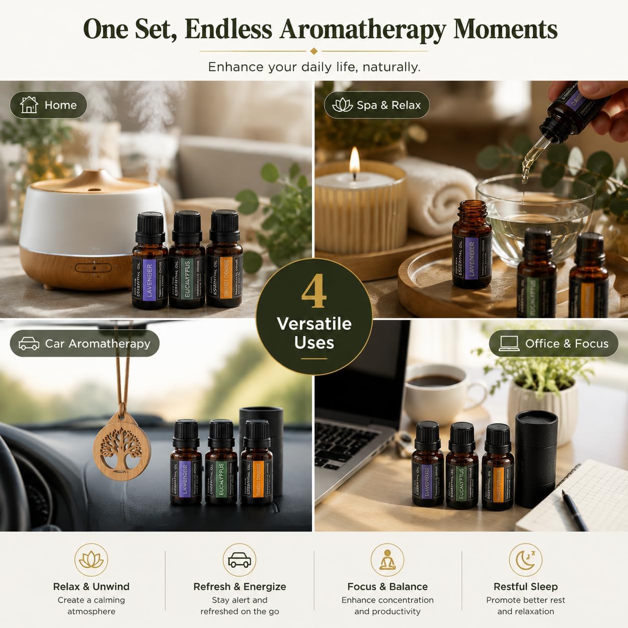 Essential Oils Gift Set - 3 x 10ml Lavender, Eucalyptus & Sweet Orange, 100% Pure Plant-Based Therapy for Car Aromatherapy，Diffusers, Humidifiers, Relaxation & Home Spa - The Serenity Trio