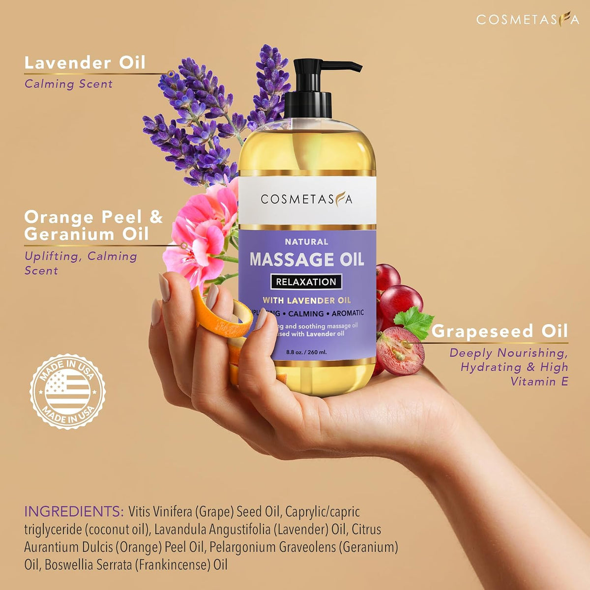 Cosmetasa Lavender Massage Oil for Massage Therapy with Roller - All Natural