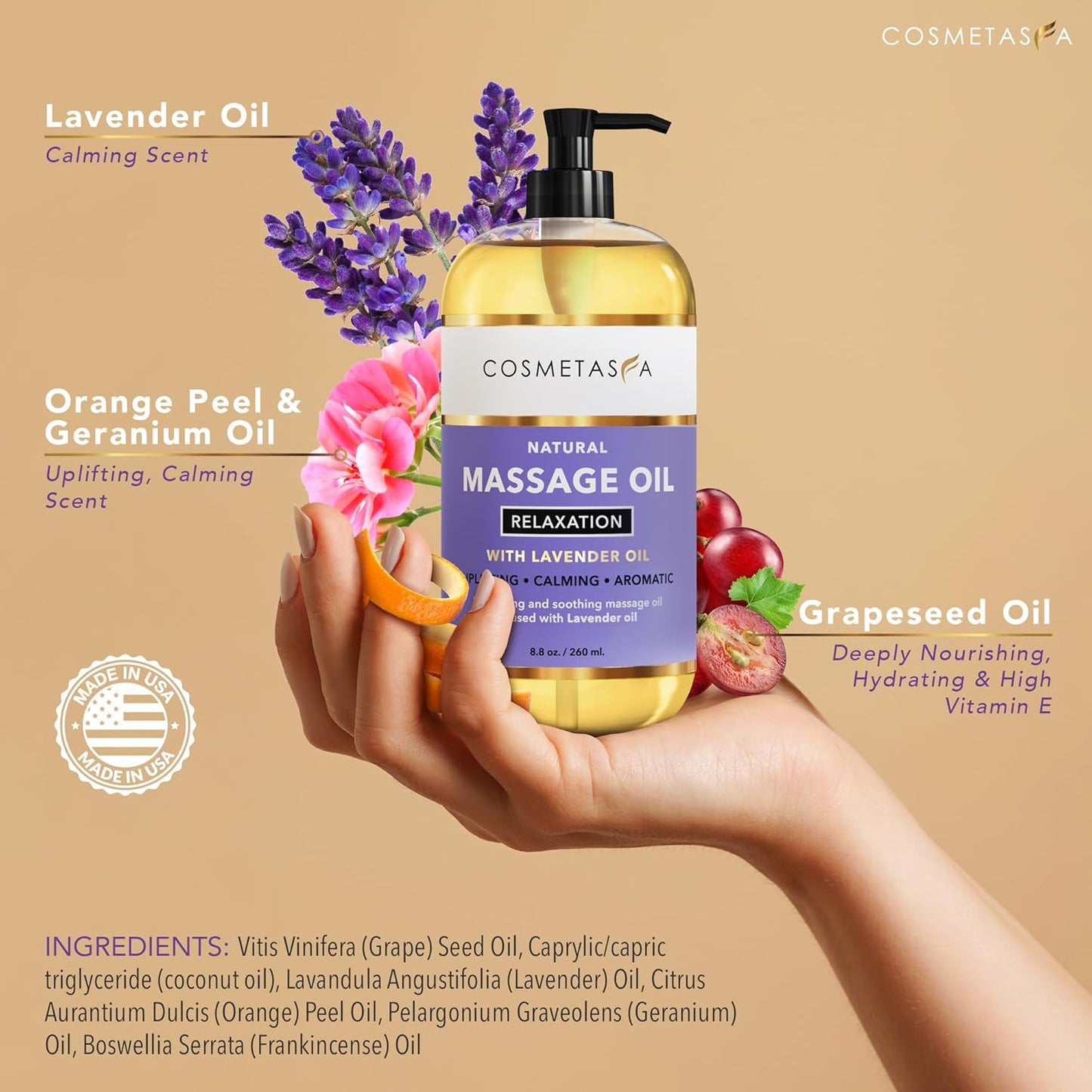 Cosmetasa Lavender Massage Oil for Massage Therapy with Roller - All Natural, Cruelty-Free & Spa Quality Skin Therapy Oil & Soothing Care - Lavender, Geranium & Grapeseed Oil (8.8 oz)