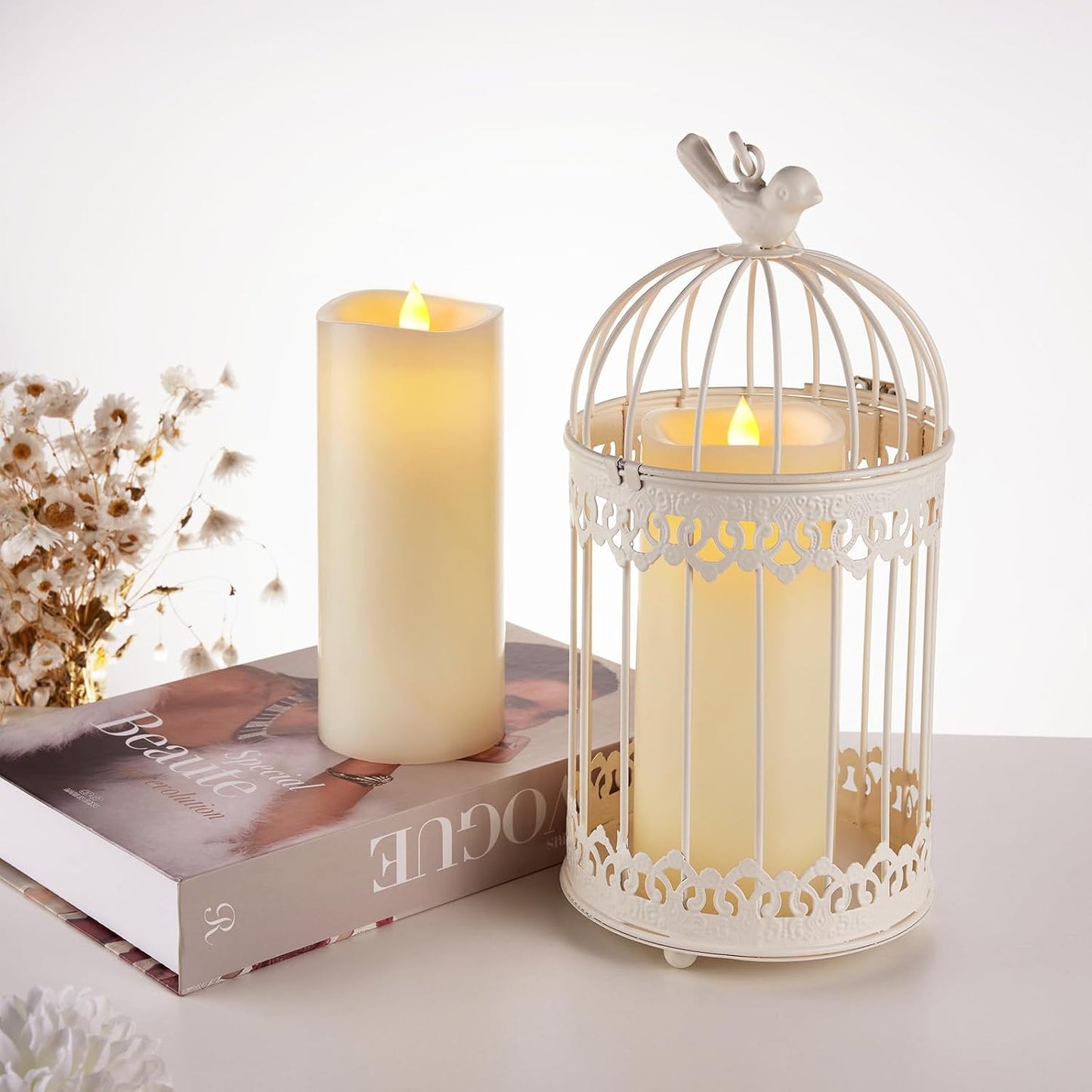 Enpornk 7” x 3” Flameless Candles, Flickering Moving Flame LED Candles, Battery Operated Candles with Remote and Timers, Ivory White, Set of 2