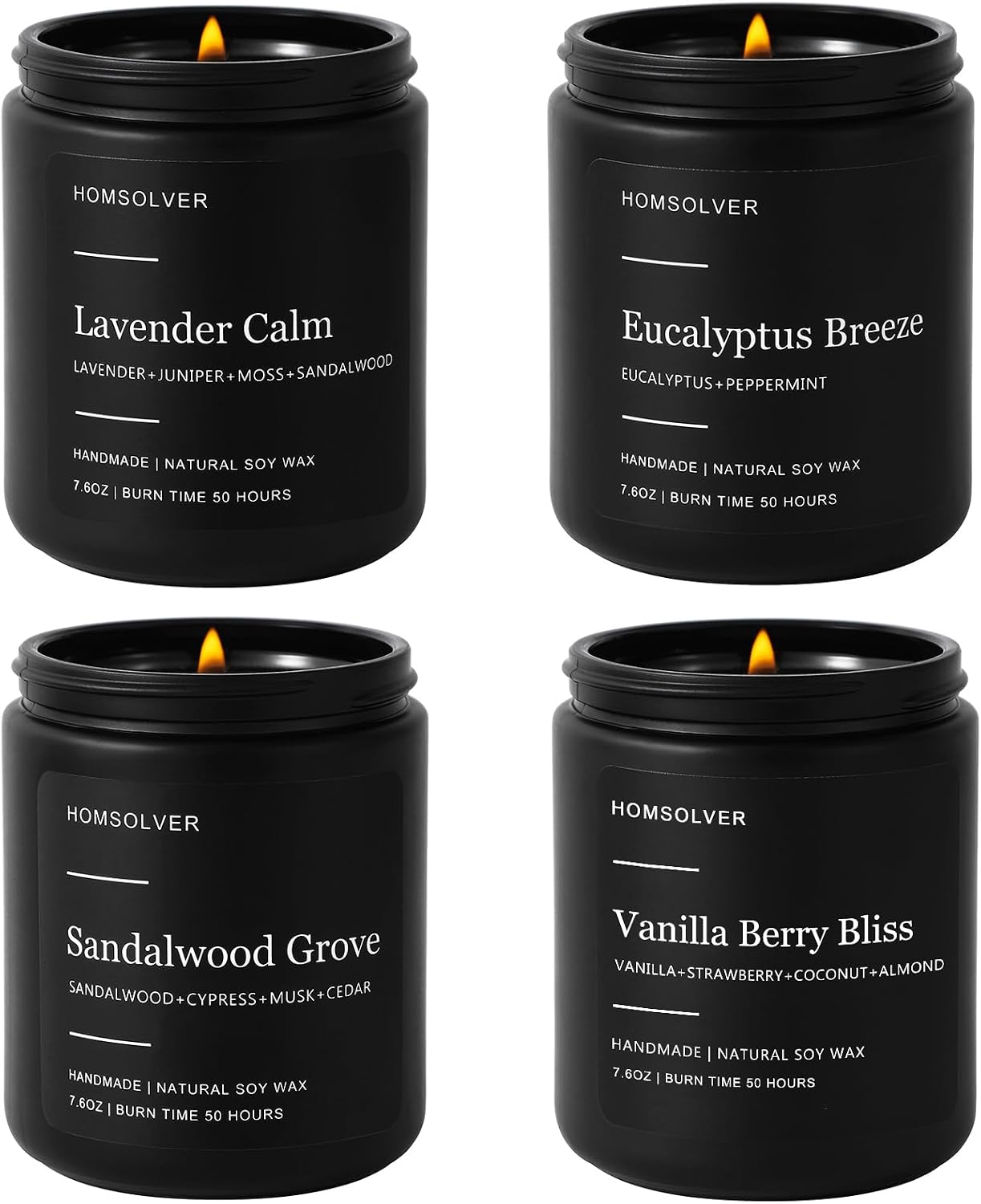 Homsolver Set of 4 Scented Candles for Home Decor, Candle Gifts for Dad Men Him, 200Hours Burn Tine, Vanilla, Lavender, Sandalwood, Eucalyptus Scented with Black Jar