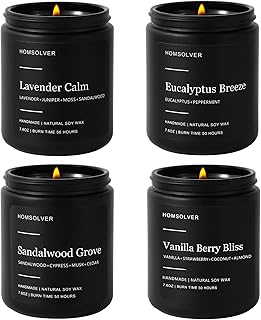 Homsolver Set of 4 Scented Candles for Home Decor, Candle Gifts for Dad Men Him, 200Hours Burn Tine, Vanilla, Lavender, Sandalwood, Eucalyptus Scented with Black Jar