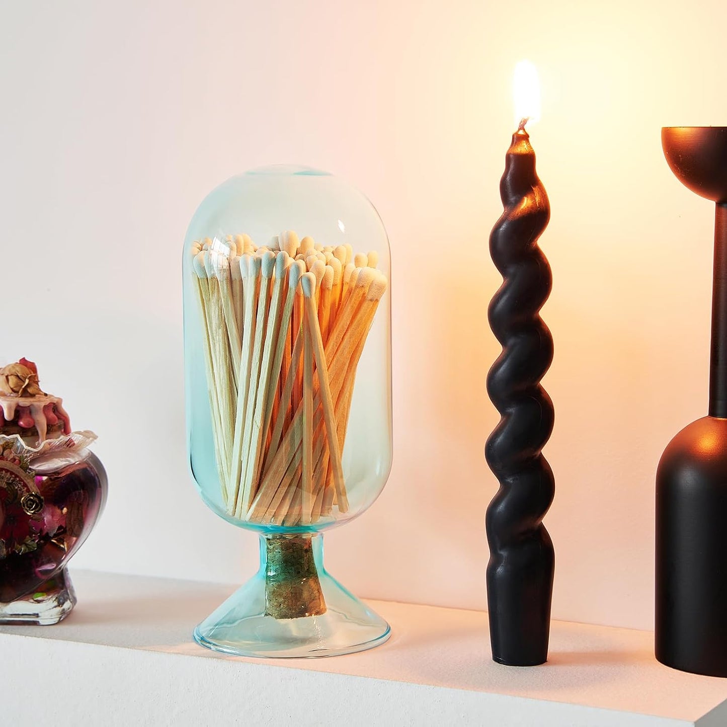 Includes 100 Match Sticks Glass Match Cloche with Striker - Blue with Cork Stopper - Fireplace, Home, Living Room, Office, Decor Decorative Candle Matches Gifts for Women Her - 6.7" H X 3"