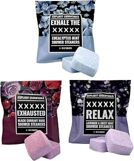 Explicit Essentials Shower Steamers Gift Set | 12 Aromatherapy Shower Steamers (3 Scent Trio) | Black Currant Rose, Lavender Mint & Eucalyptus Mint | Relaxation & Stress Relief Spa Gift for Self-Care