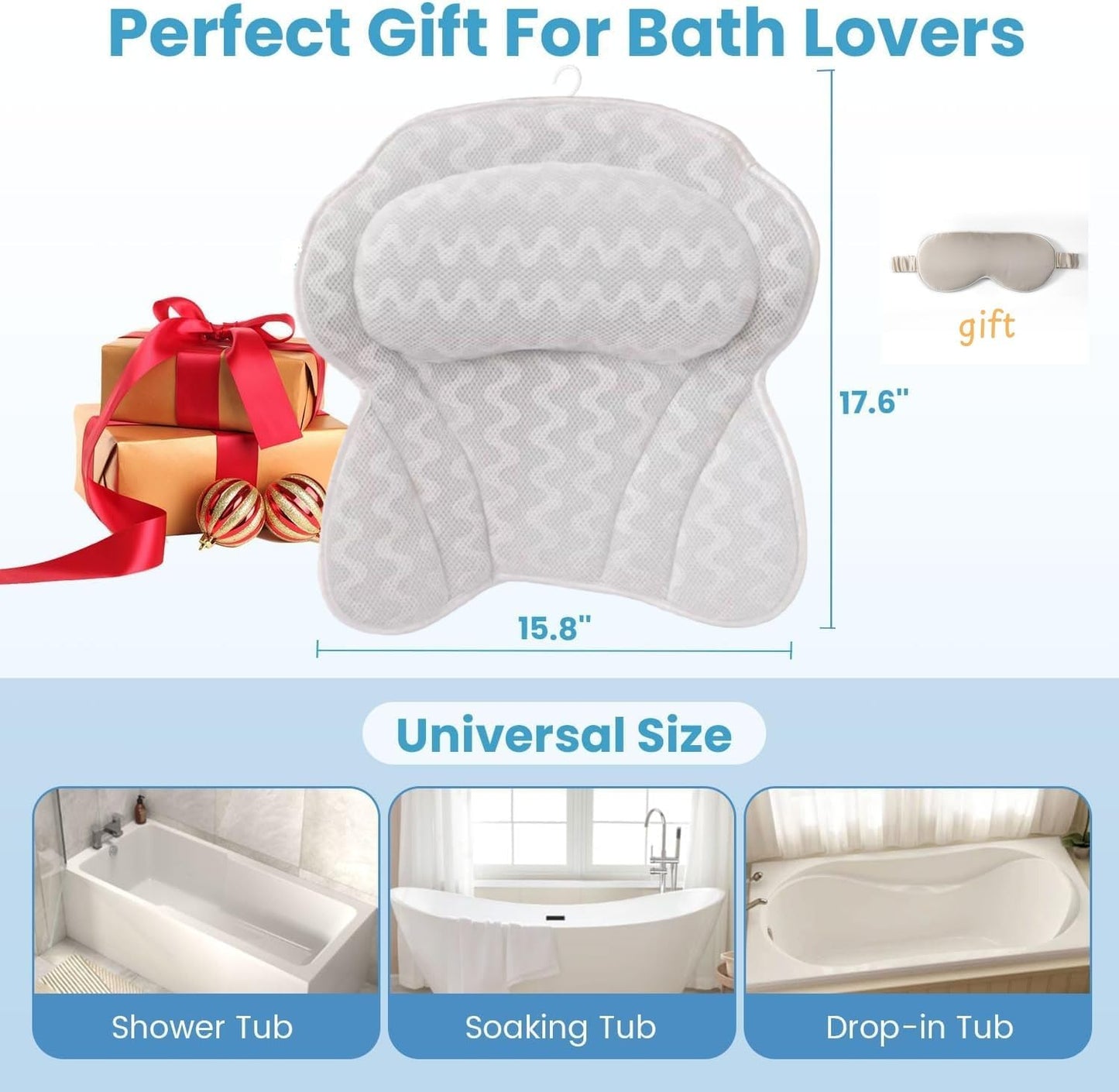 Bath Pillows,Bathtub Pillows for Head and Neck Back Support,Bath Pillows for Tub with Soft 4D Breathable Mesh Fabric and Nonslip Suction Cups,Relaxing Bath Accessories Spa Gifts .(Wave White)
