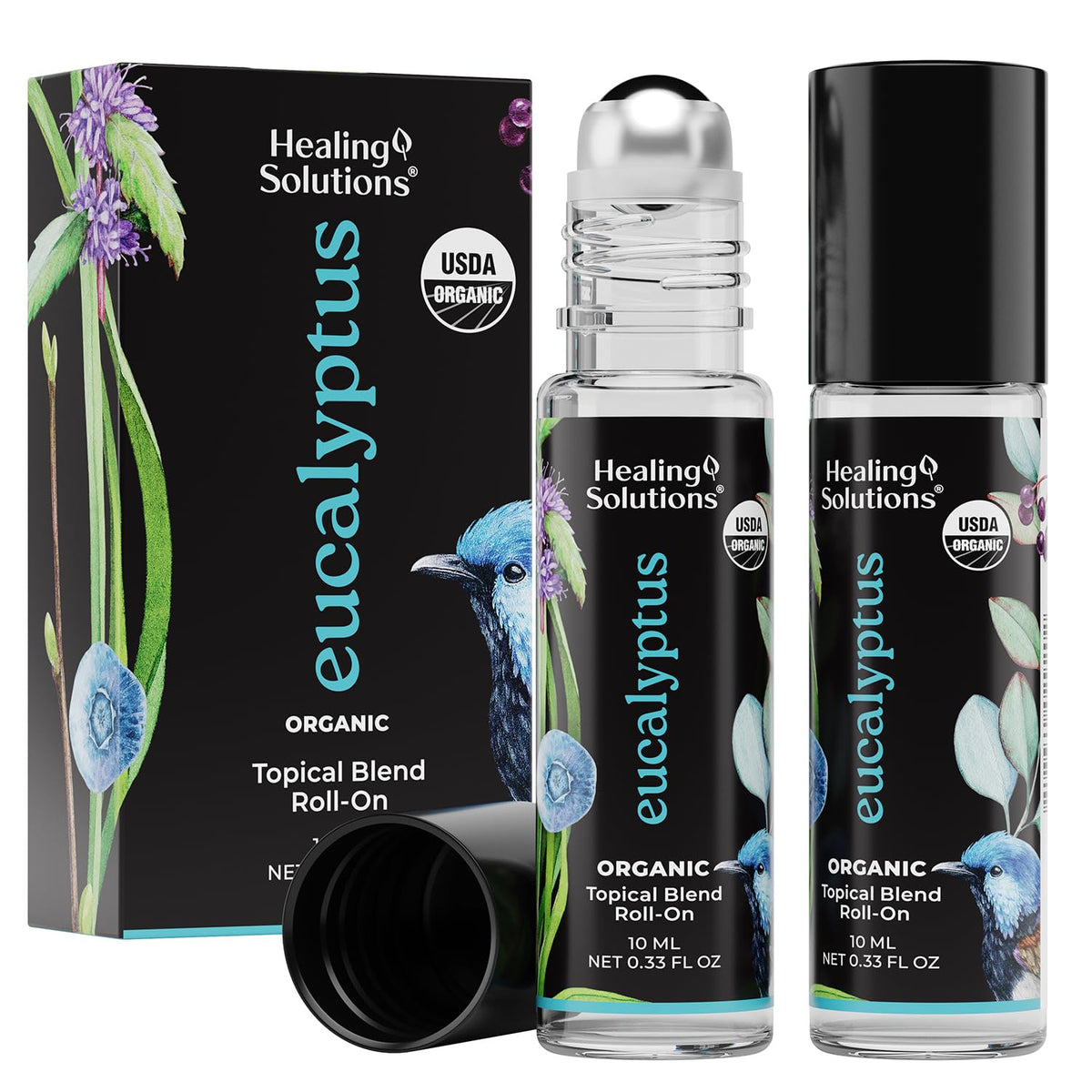 Healing Solutions (2 Pack) USDA Certified Organic Eucalyptus Essential Oil Roll-On Set - Rub on Chest and Breathe