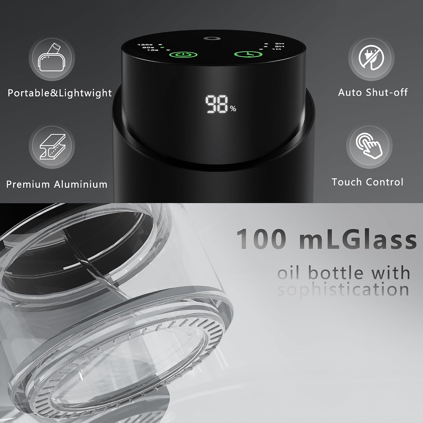 Waterless Essential Oil Diffuser - Rechargeable Black Aluminum Alloy 100ml Scent Machine with 4 Timers, 3 Mist Levels & Vehicle Mode for Home, Car, Office, Studio