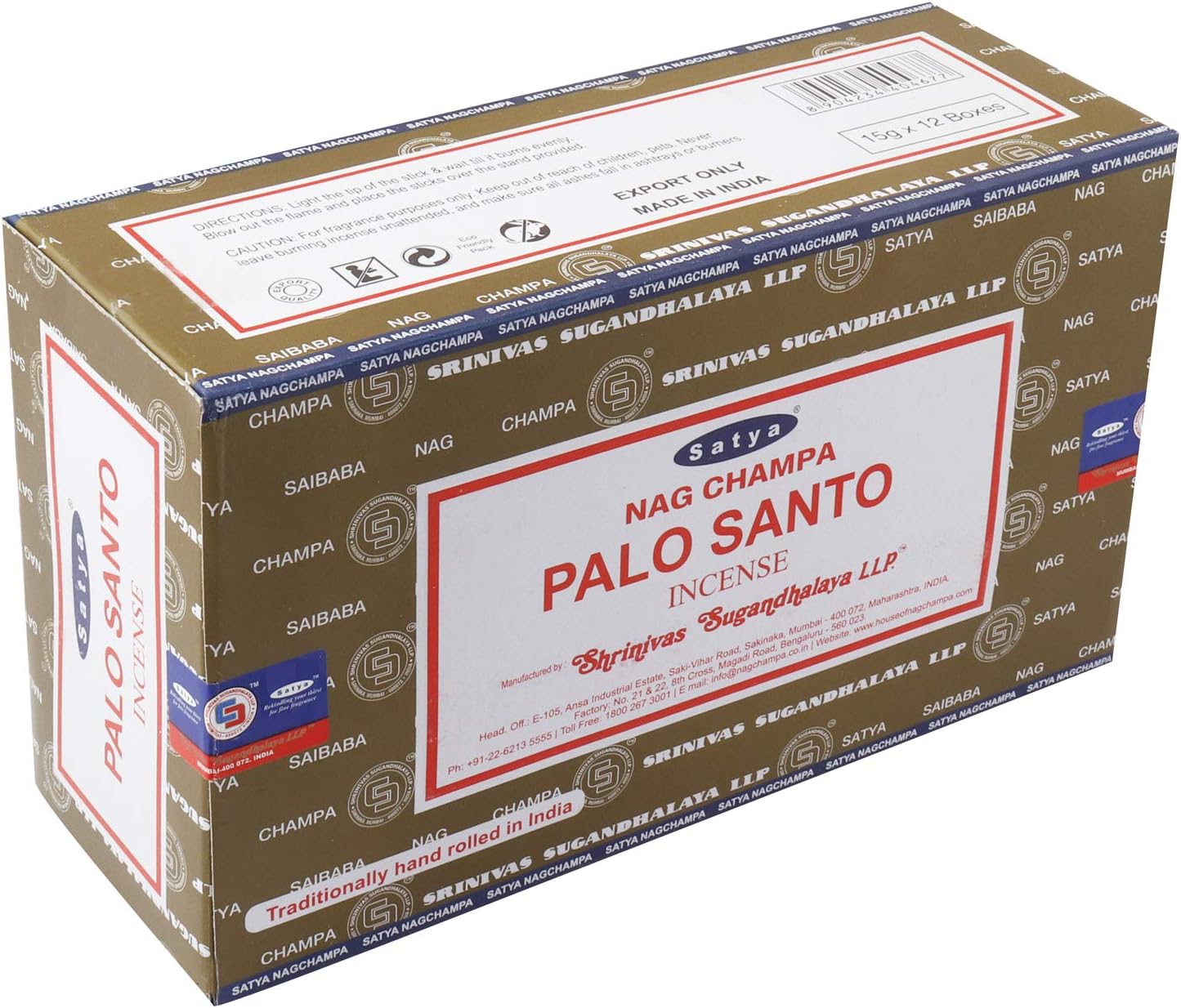 Satya Nag Champa - Palo Santo Incense Sticks | 12 Packs X 15 Grams | Box Of 180 Grams | Export Quality