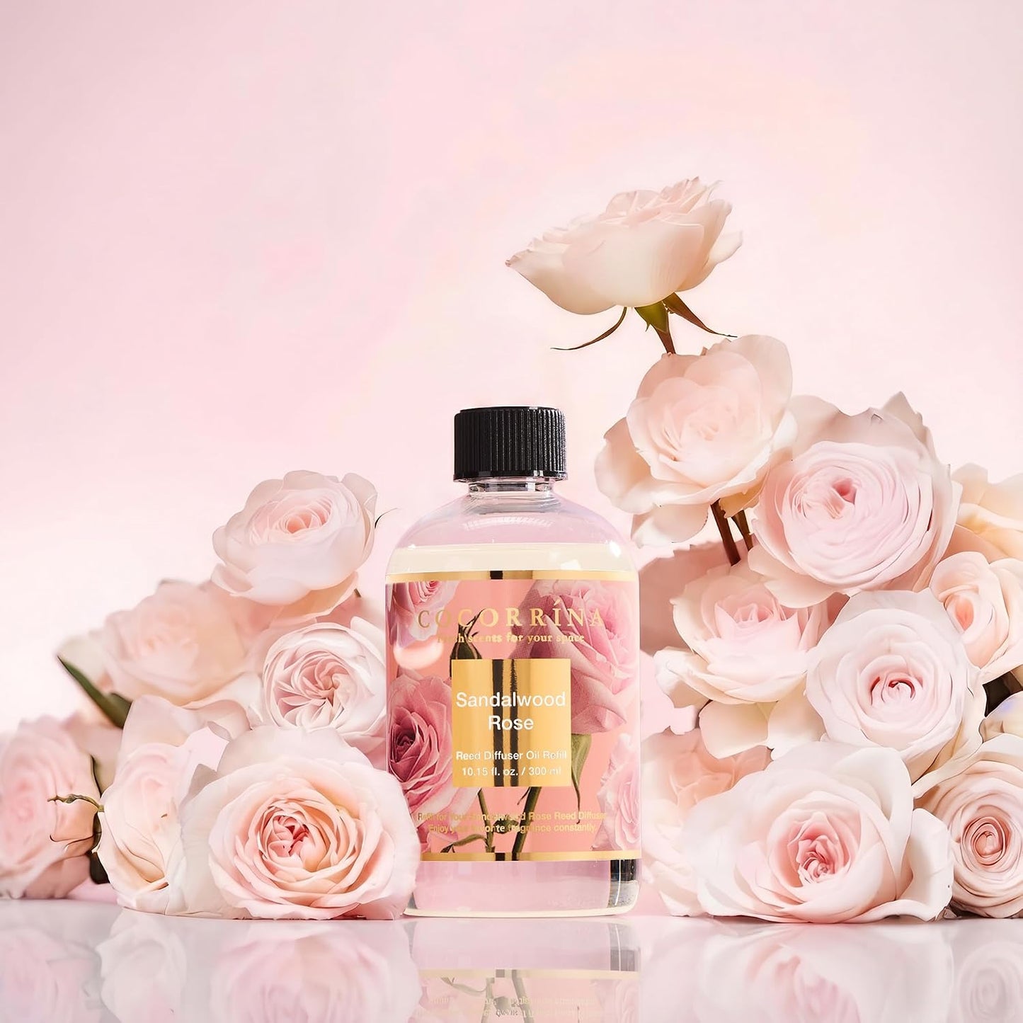 Cocorrína Reed Diffuser Refill Sandalwood Rose 10.2oz (300ml) with 8 Sticks - Premium Long-Lasting Floral Essential Oil, Home Fragrance for Bedroom, Bathroom Home Decor