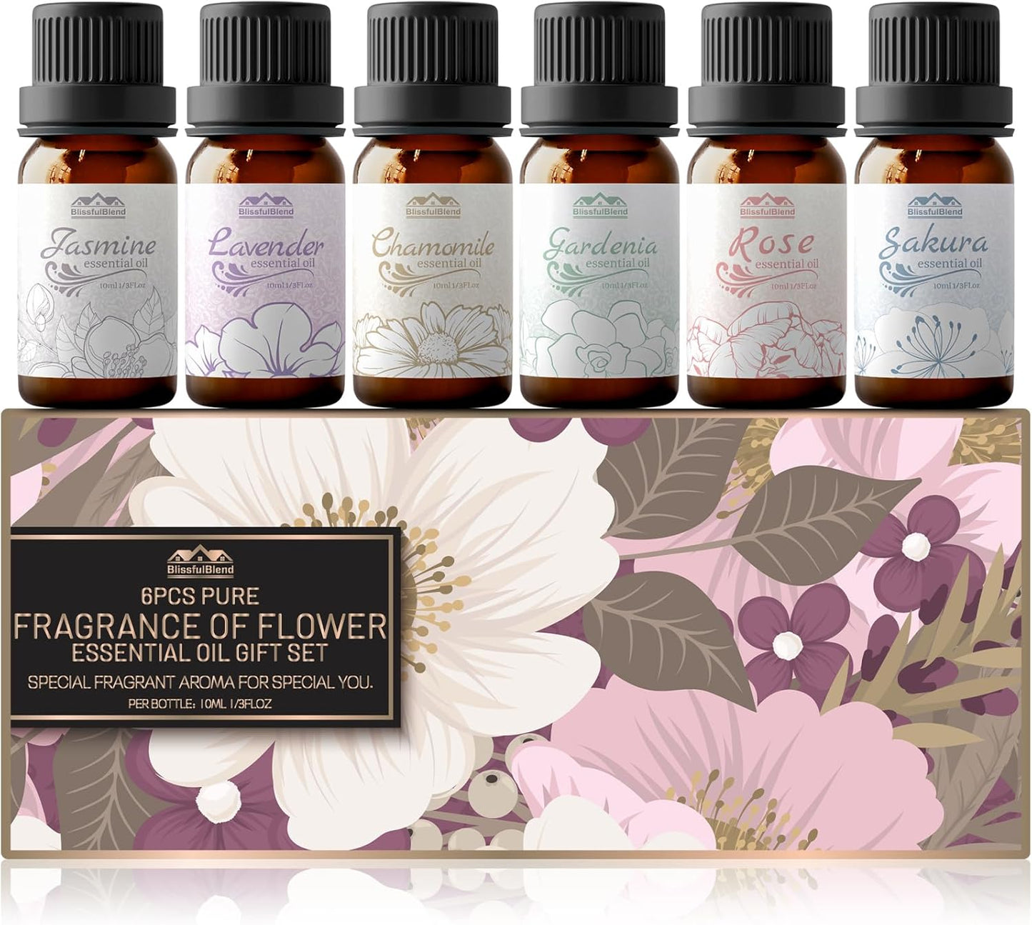 Essential Oils for Diffuser for Home and Hotel, Lavender, Jasmine, Rose, Chamomile, Sakura and Gardenia, Spring Premium Pure Flower Fragrance Essential Oil Set for Gifts-6×10ML