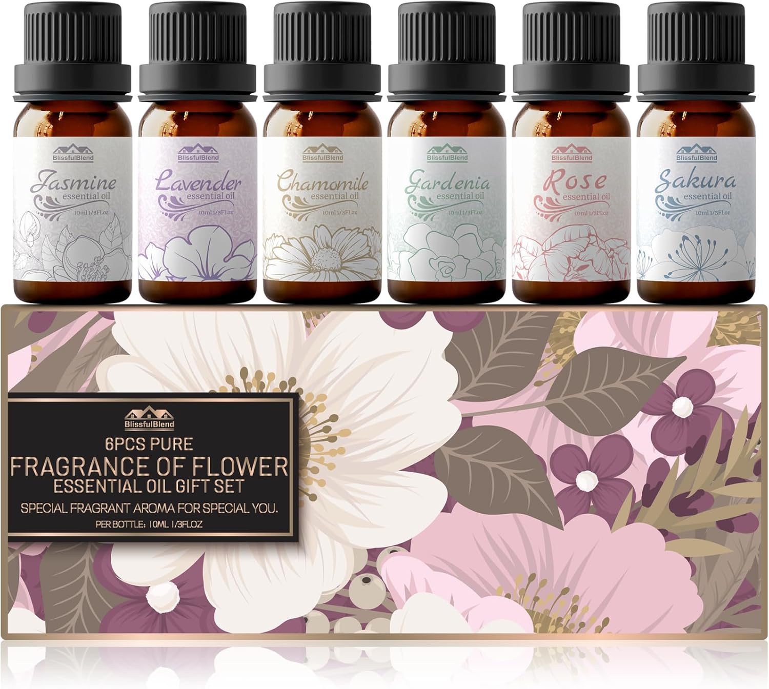 Essential Oils for Diffuser for Home and Hotel, Lavender, Jasmine, Rose, Chamomile, Sakura and Gardenia, Spring Premium Pure Flower Fragrance Essential Oil Set for Gifts-6×10ML