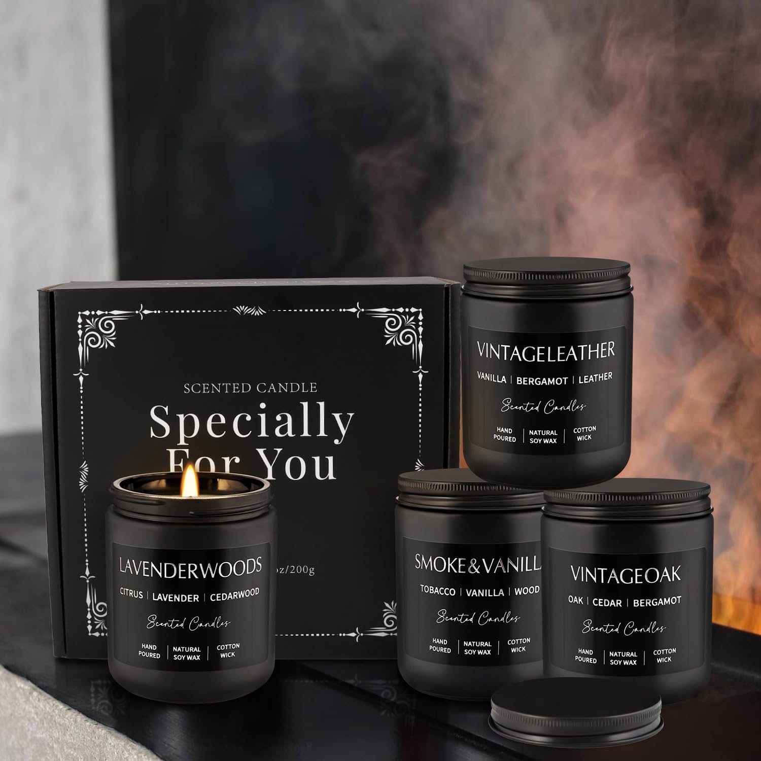 WPONSZU 4Psc Scented Candles Set,7oz Gifts for Men Aromatherapy,Soy Candle of Smokeless - Leather & Smoke, Vanilla Oakmoss, Lavender - Relaxing Fragrance for Home, Office, Yoga(Black)