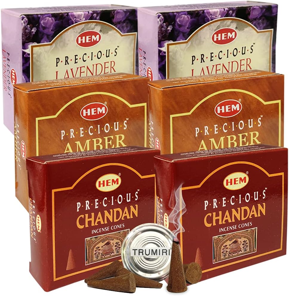 Lavender Amber Chandan Incense Cones & Holder Bundle Variety Pack from Hem Trumiri Insense Insence