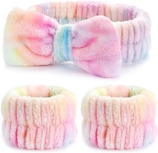 3PCS Spa Headband and Wristbands Set for Women, Soft Microfiber Face Wash Headband with Cute Bow, Elastic Absorbent Wrist Towels, Makeup Skincare Accessories for Facial, Shower, Yoga