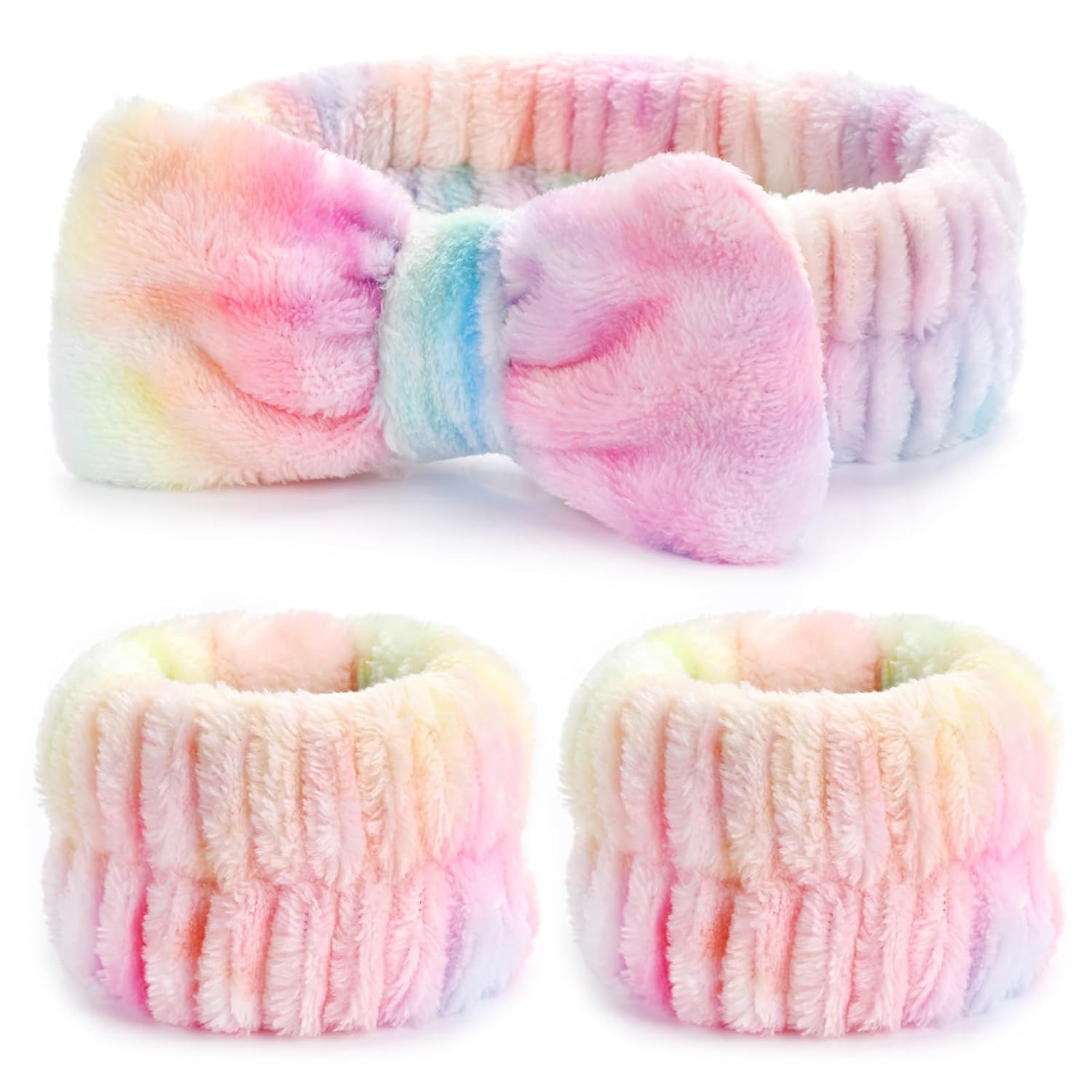 3PCS Spa Headband and Wristbands Set for Women, Soft Microfiber Face Wash Headband with Cute Bow, Elastic Absorbent Wrist Towels, Makeup Skincare Accessories for Facial, Shower, Yoga