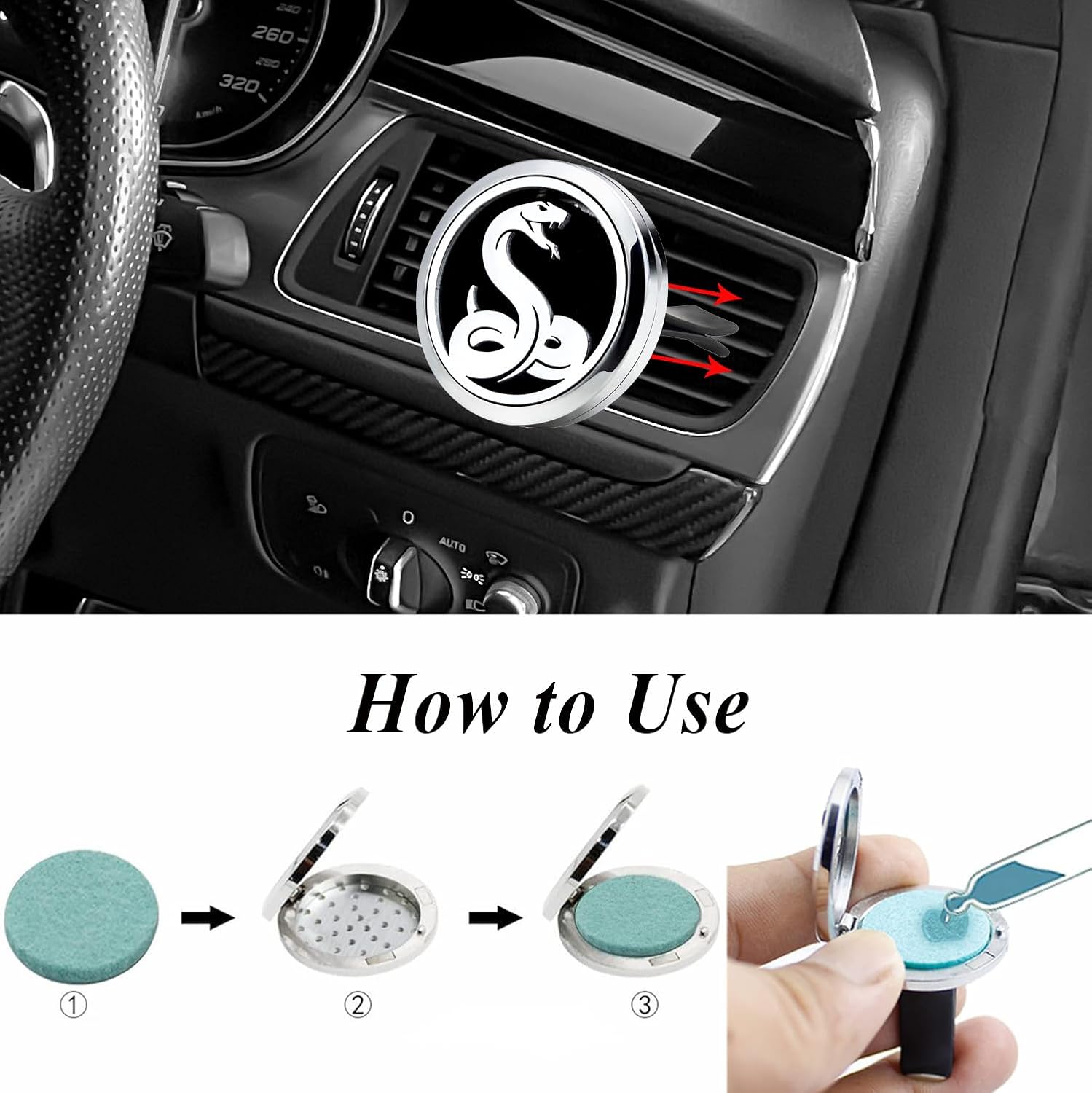 30mm Car Essential Oil Diffuser Vent Clips Air Freshener Vent Clip Aromatherapy Car Accessories 10 Felt Pads for Gift Women (Snake)