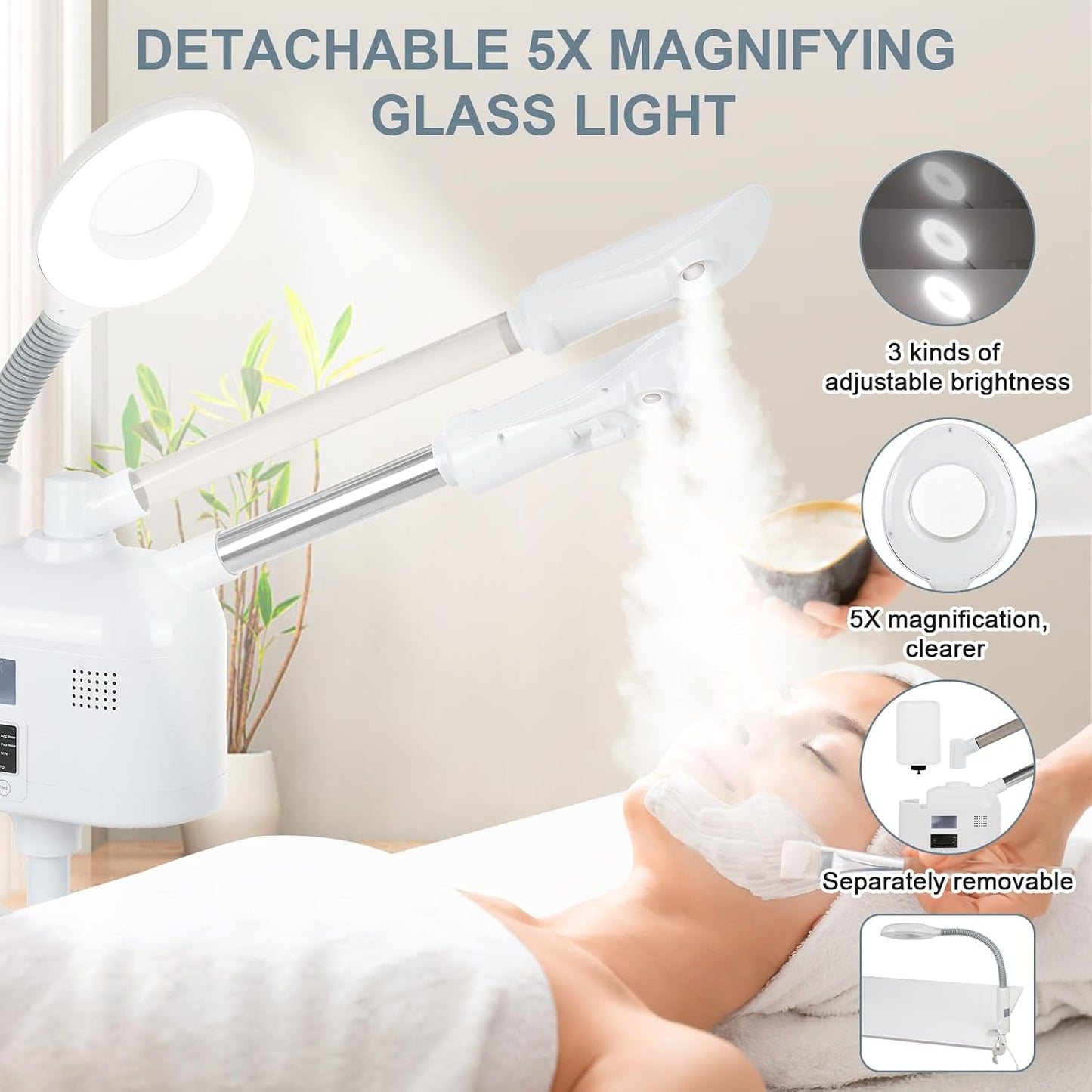 VARIPOWDER 3 in 1 Professional Facial Steamer for Face with Hot & Cold Nozzle 5X Magnifying Lamp Face Steamer for Esthetician vaporizador Facial Use at Home or Spa