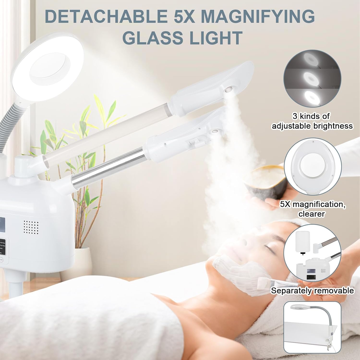 VARIPOWDER 3 in 1 Professional Facial Steamer for Face with Hot & Cold Nozzle 5X Magnifying Lamp Face Steamer for Esthetician vaporizador Facial Use at Home or Spa