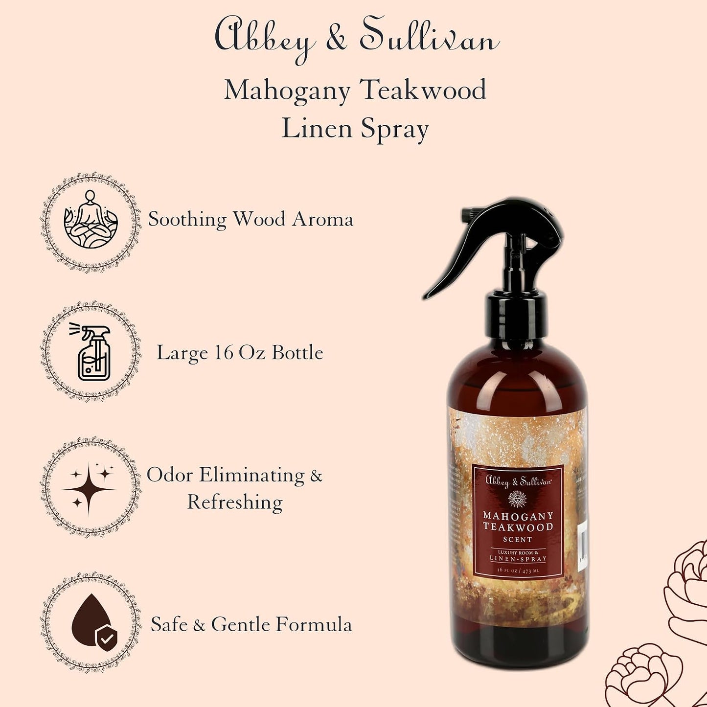 Abbey & Sullivan Odor Eliminating and Refreshing Linen and Room Spray, Mahogany Teakwood Type, 16 oz