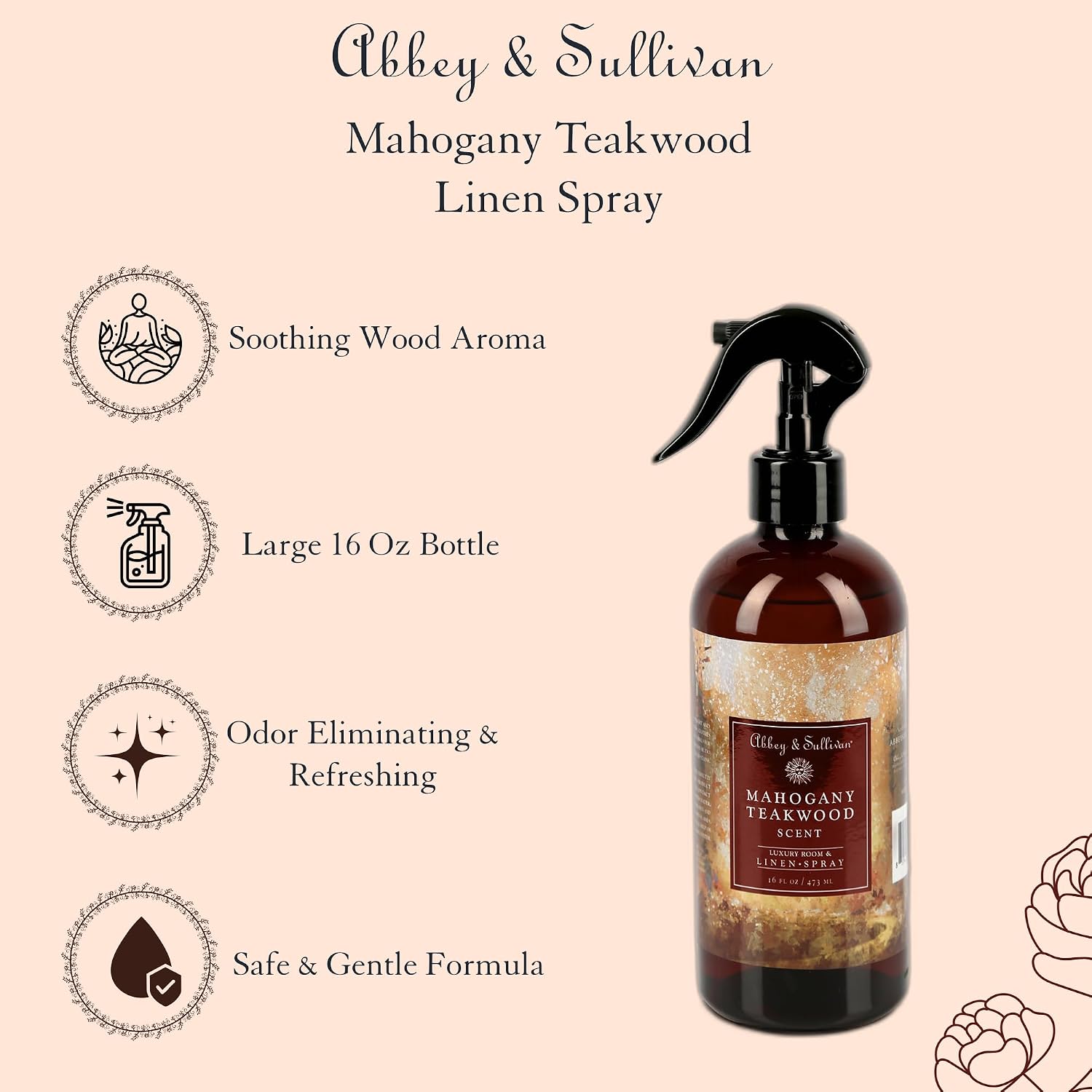 Abbey & Sullivan Odor Eliminating and Refreshing Linen and Room Spray, Mahogany Teakwood Type, 16 oz
