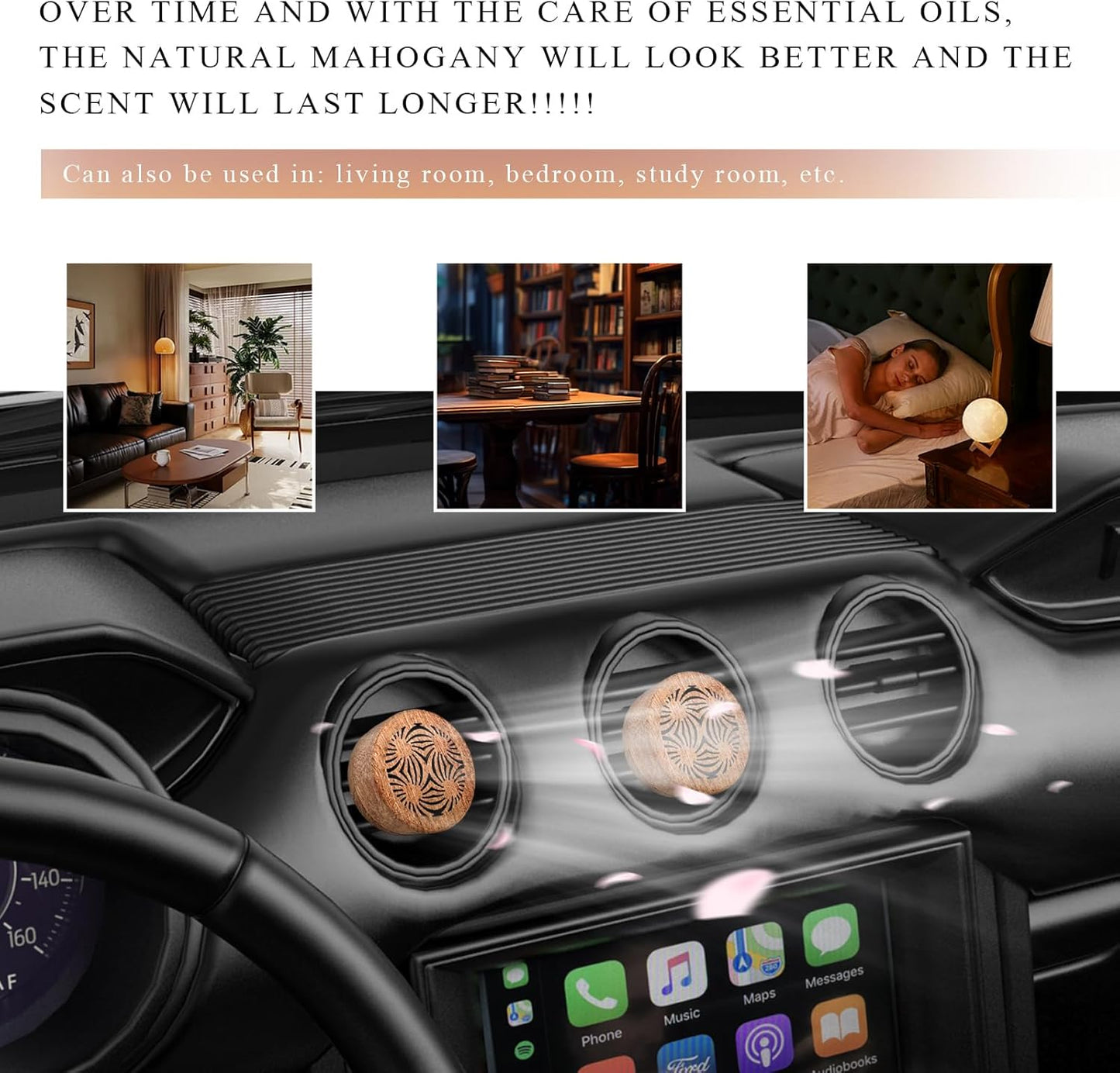 KVAEY 2 PCS Wood Car Essential Oil Diffuser, Wooden Aromatherapy Essential Oils Diffuser with Vent Clip, Wood Vent Clip Air Freshener for Vehicle Office Home Bedroom (Lucky Stamen)