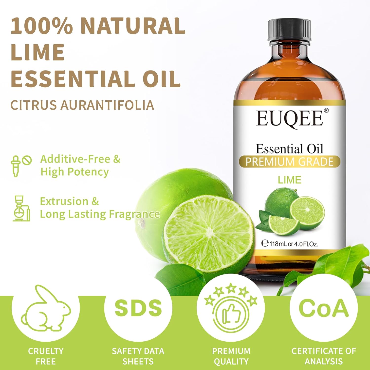 EUQEE Lime Essential Oil 4fl oz Pure Lime Oil Essential Oil with Dropper for Diffusers, DIY Soap & Bath Bombs (118 ml)