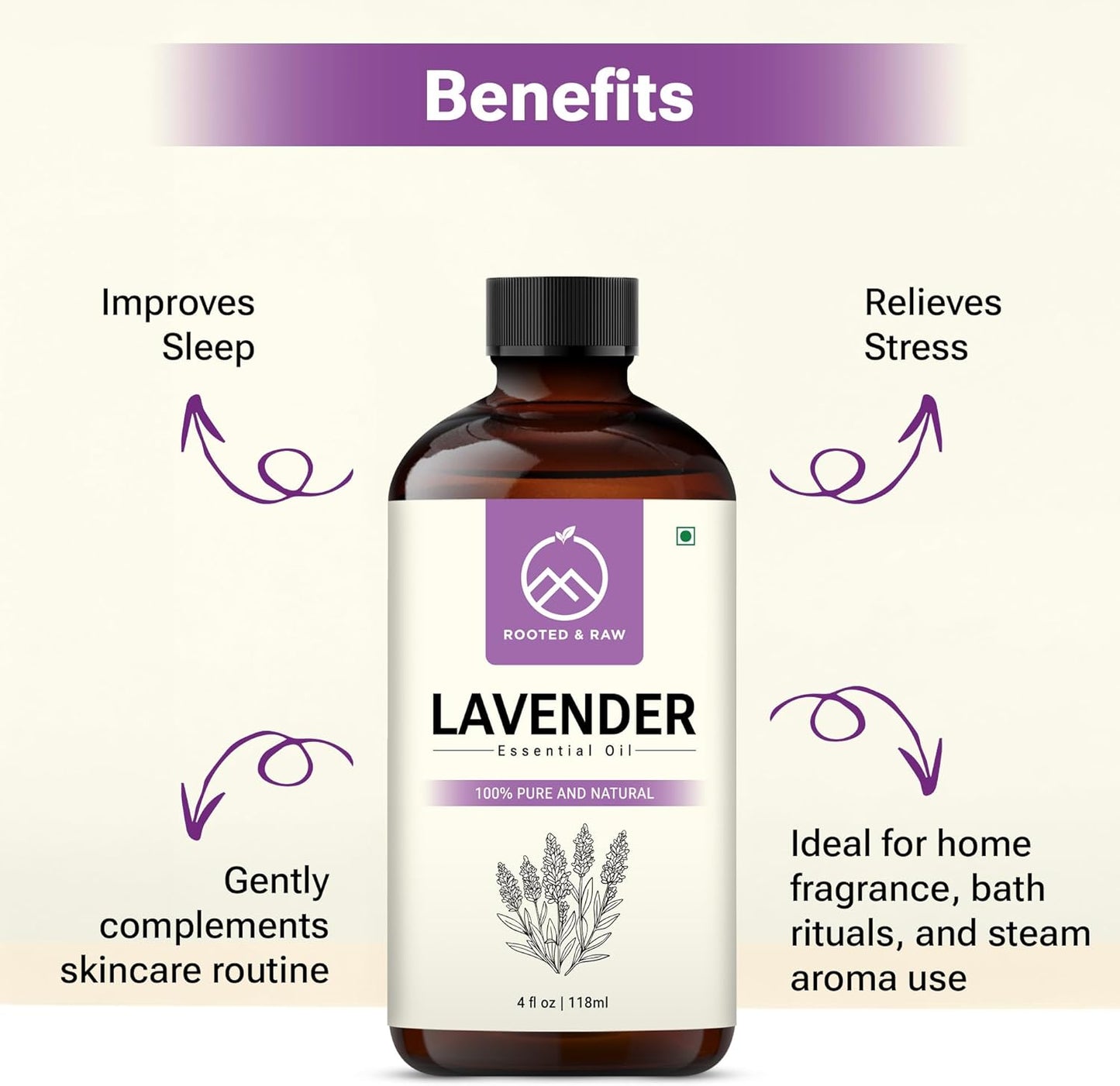 Lavender Essential Oil – Lavender Oil for Diffuser, Aromatherapy, Sleep, Skin & Hair – Large 4 fl oz with Glass Dropper – ROOTED & RAW