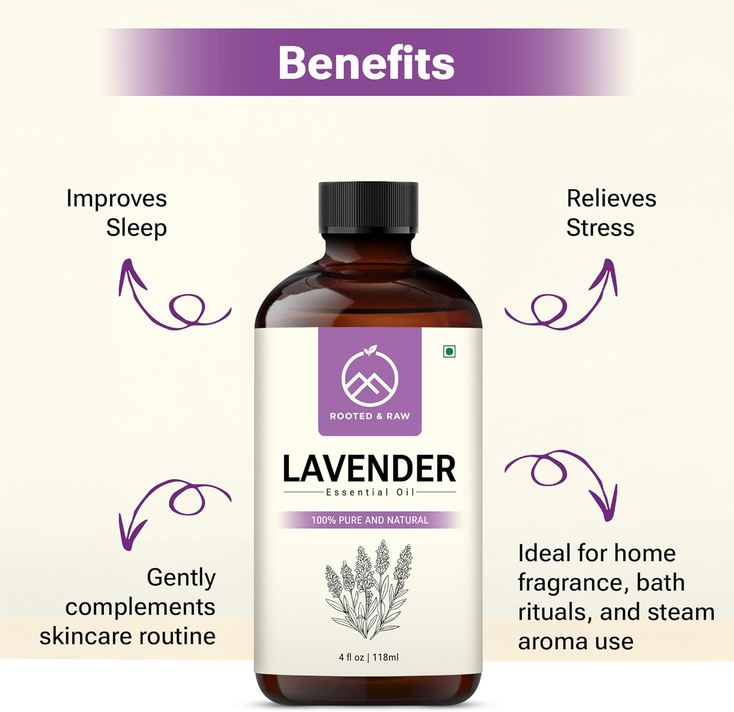 Lavender Essential Oil – Lavender Oil for Diffuser, Aromatherapy, Sleep, Skin & Hair – Large 4 fl oz with Glass Dropper – ROOTED & RAW