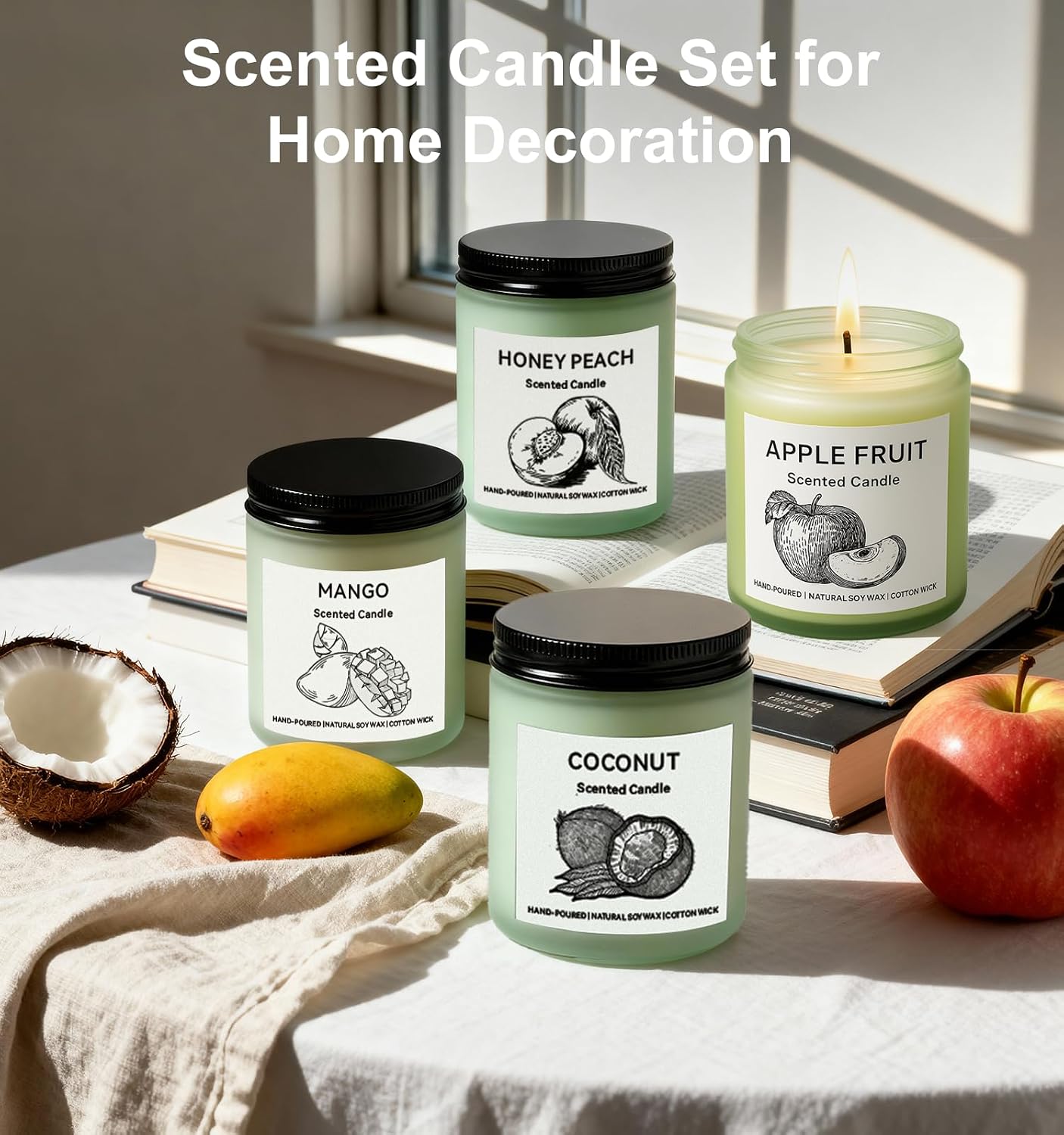 Scented Candle Gift Set, 4 Pack 25oz Soy Wax Candles, 200 Hour Burn Time, Long Lasting Aromatherapy Candles for Home Fragrance, Ideal Gift for Women and Men – Mango, Apple, Peach, Coconut