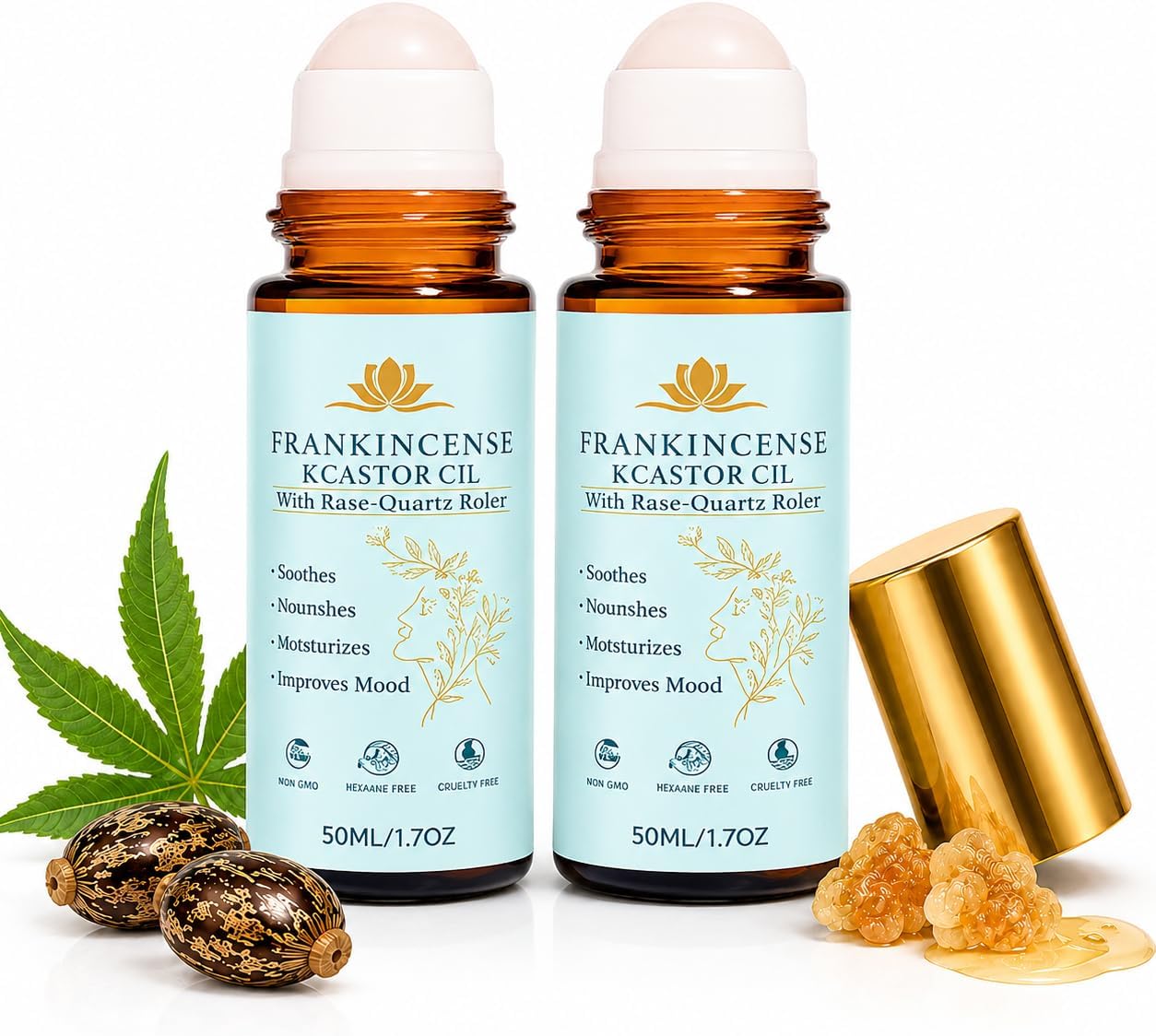 Frankincense and Castor Oil Roll On with Rose Quartz | 100% Pure Organic Cold-Pressed Castor Oil–Firms Skin, Reduces the Look of Fine Lines,Supports Hormonal Balance–For Face, Neck & Abdomen,1.7 fl oz