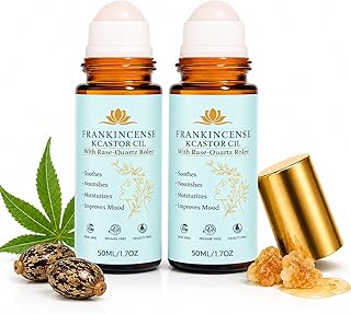 Frankincense and Castor Oil Roll On with Rose Quartz | 100% Pure Organic Cold-Pressed Castor Oil–Firms Skin, Reduces the Look of Fine Lines,Supports Hormonal Balance–For Face, Neck & Abdomen,1.7 fl oz