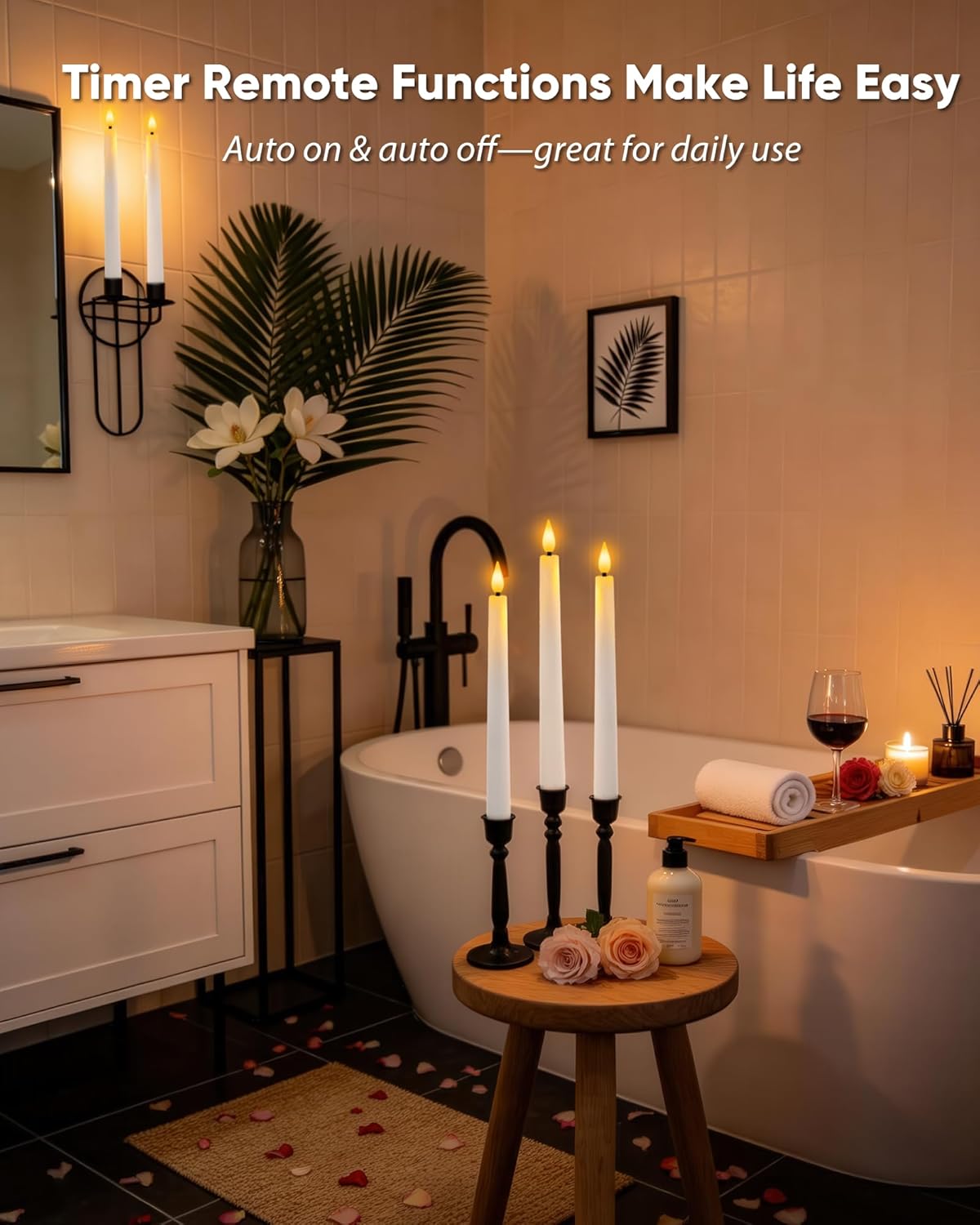 Homemory 2 Pcs Waxy Flameless Taper Candles with Remote, Led Flameless Candlesticks Classic Tall Candle, Flickering Battery Operated Taper Candles for Bedroom, Dining Room, White, 9.6 inches