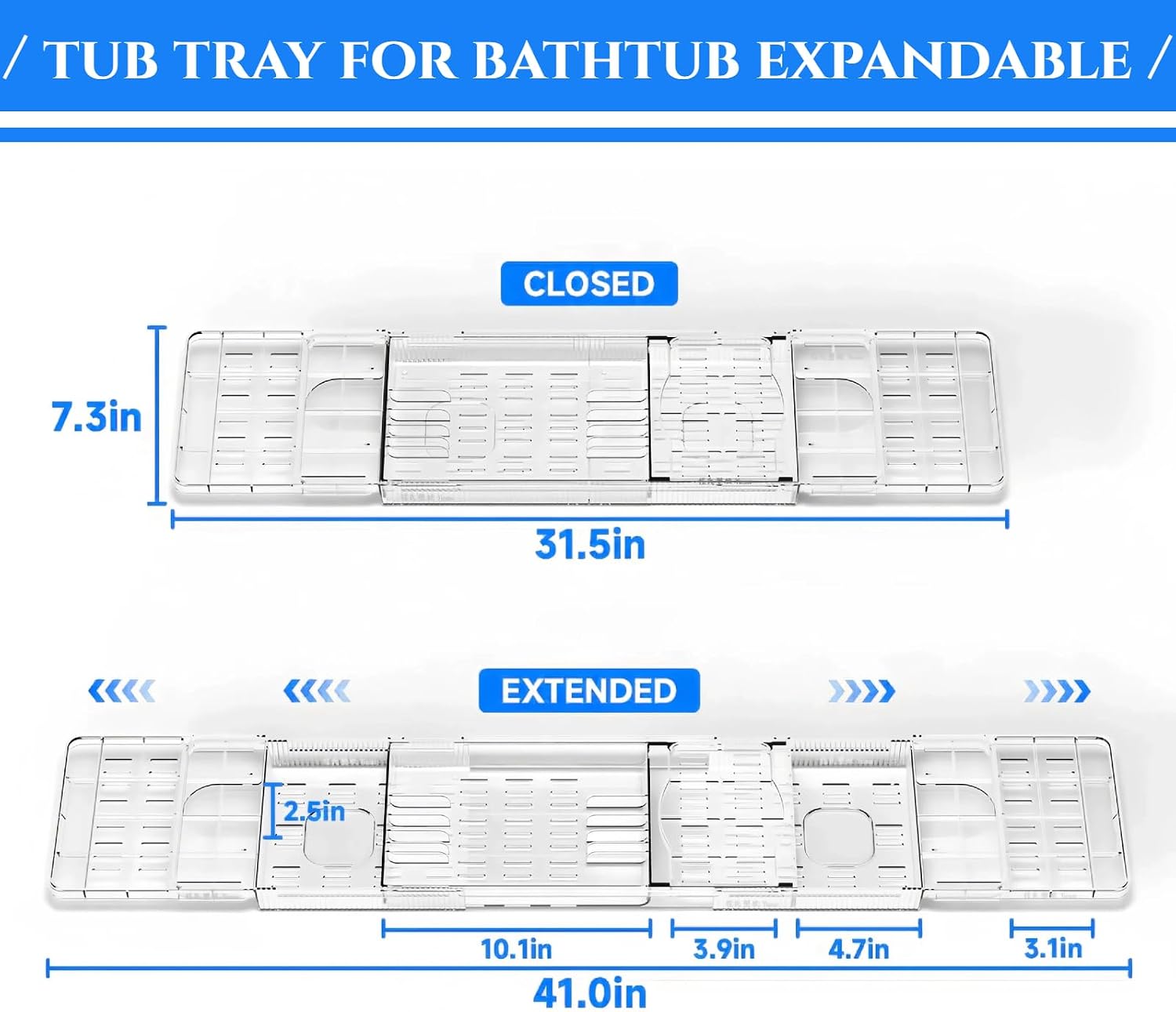 Expandable Acrylic Bathtub Tray for Tub, Bath Caddy Tray Table for Bathtub, Adjustable from 31.5 to 41 inch, Bathtub Rack fits Most Bathtubs and Bathroom Décor, Bath Tub Shelf Accessories for Women