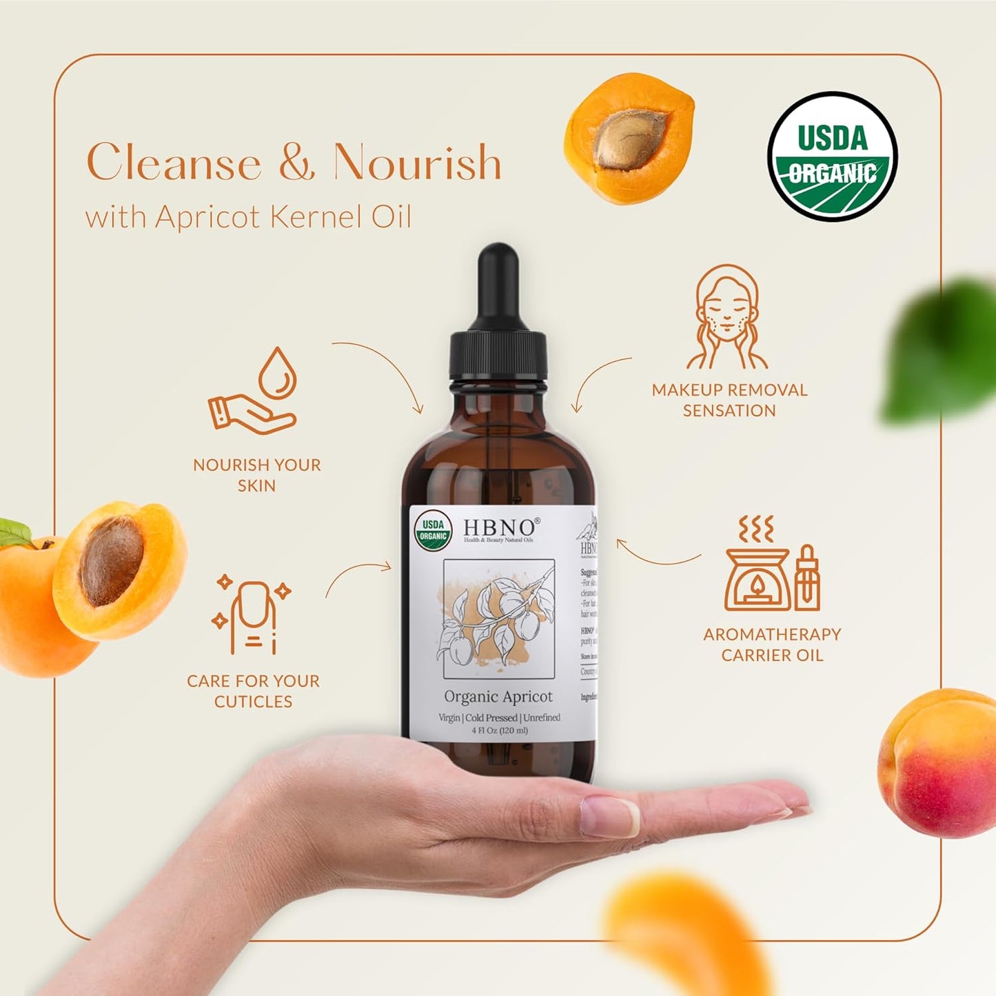 HBNO Organic Virgin Apricot Oil - 4 oz (120ml) Value Size - Ideal for Shampoos, Conditioners, Lip Balms, Face wash, Lotions, and Skin Care Products.