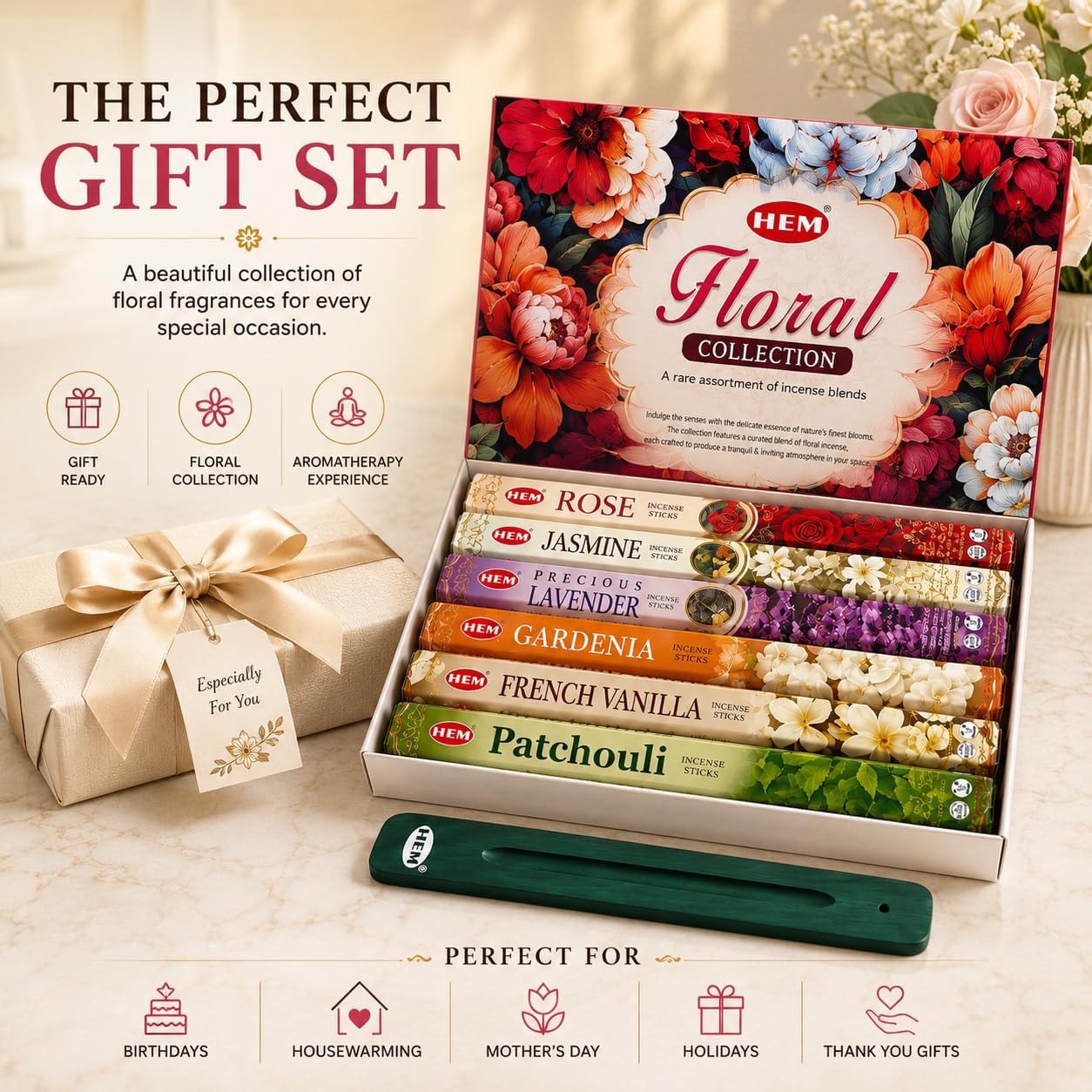 Hem Incense Sticks Assorted Floral Pack (6 Sets x 20 Sticks) with Incense Stick Holder 120 Sticks Total | Patchouli French Vanilla Gardenia Jasmine Rose Precious Lavender