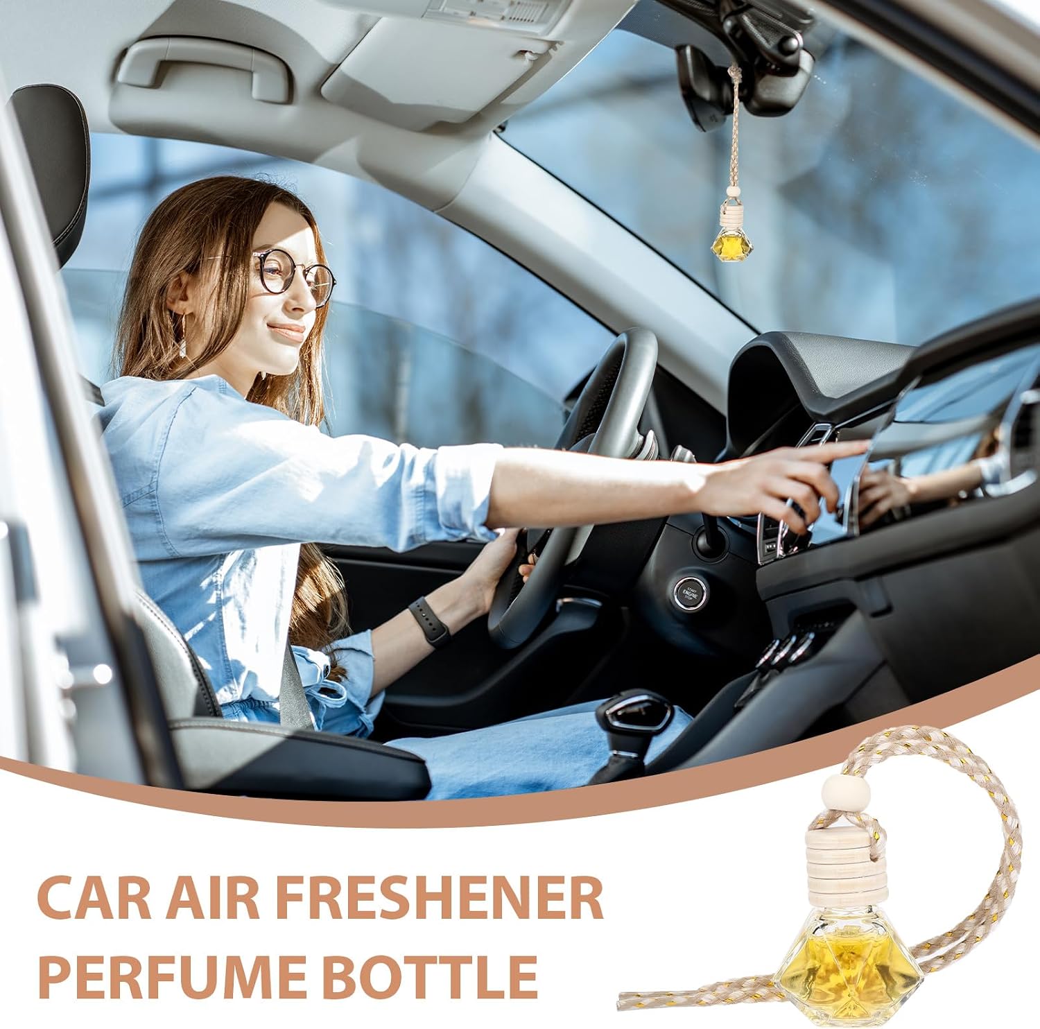 Dandat 80 Pcs 8 ml Car Diffuser Bottle with Wooden Caps Inner Stopper Lanyard Empty Glass Hanging Car Air Freshener Diffuser Bulk for Essential Oil Fragrance Pendants Perfume Gift DIY 8 Assorted Style