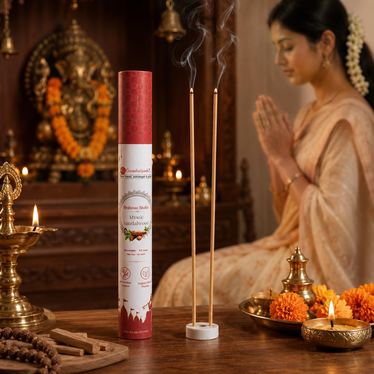 GaneshaSpeaks Premium Bambooless Incense Sticks with Sandalwood Fragrance 40 Pieces Handcrafted by Skilled Artisans Eco-Friendly Agarbatti Free Ceramic Stand