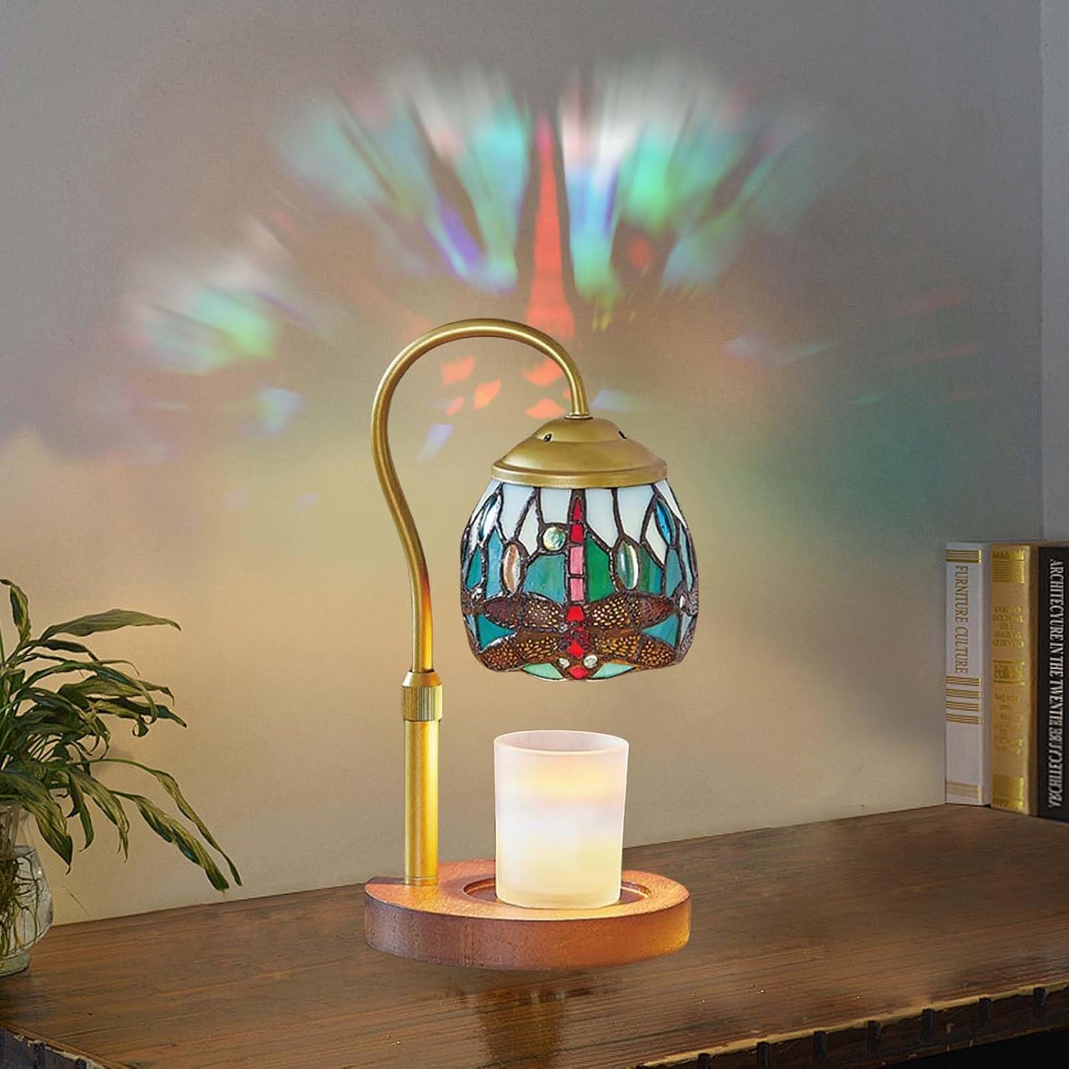 Dragonfly Tiffany-Style Candle Warmer Lamp with 2 Bulbs - Handcrafted Stained Glass, Height-Adjustable Timer & 4 Dimmer Levels, No Assembly Required, Fits Jars up to 5"