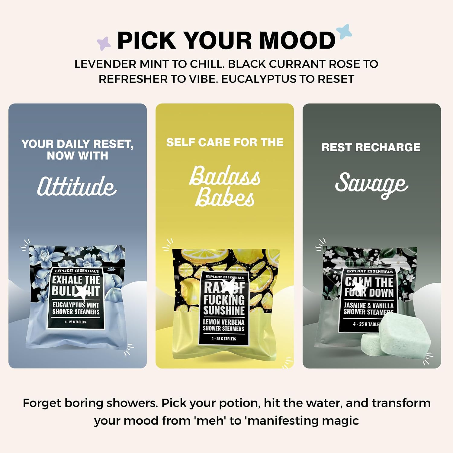 Explicit Essentials Shower Steamers Gift Set | 12 Aromatherapy Shower Steamers (3 Scent Trio) | Eucalyptus Mint, Jasmine Vanilla & Lemon Eucalyptus | Relaxation & Stress Relief Spa Gift for Self-Care