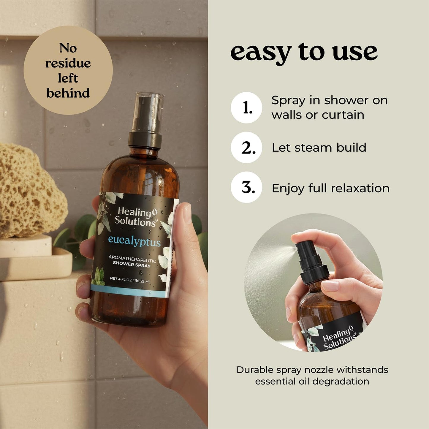 Healing Solutions Aromatherapy Shower Spray, Eucalyptus, 4oz, Therapeutic Grade Essential Oils, Made in the USA, At Home Spa Experience