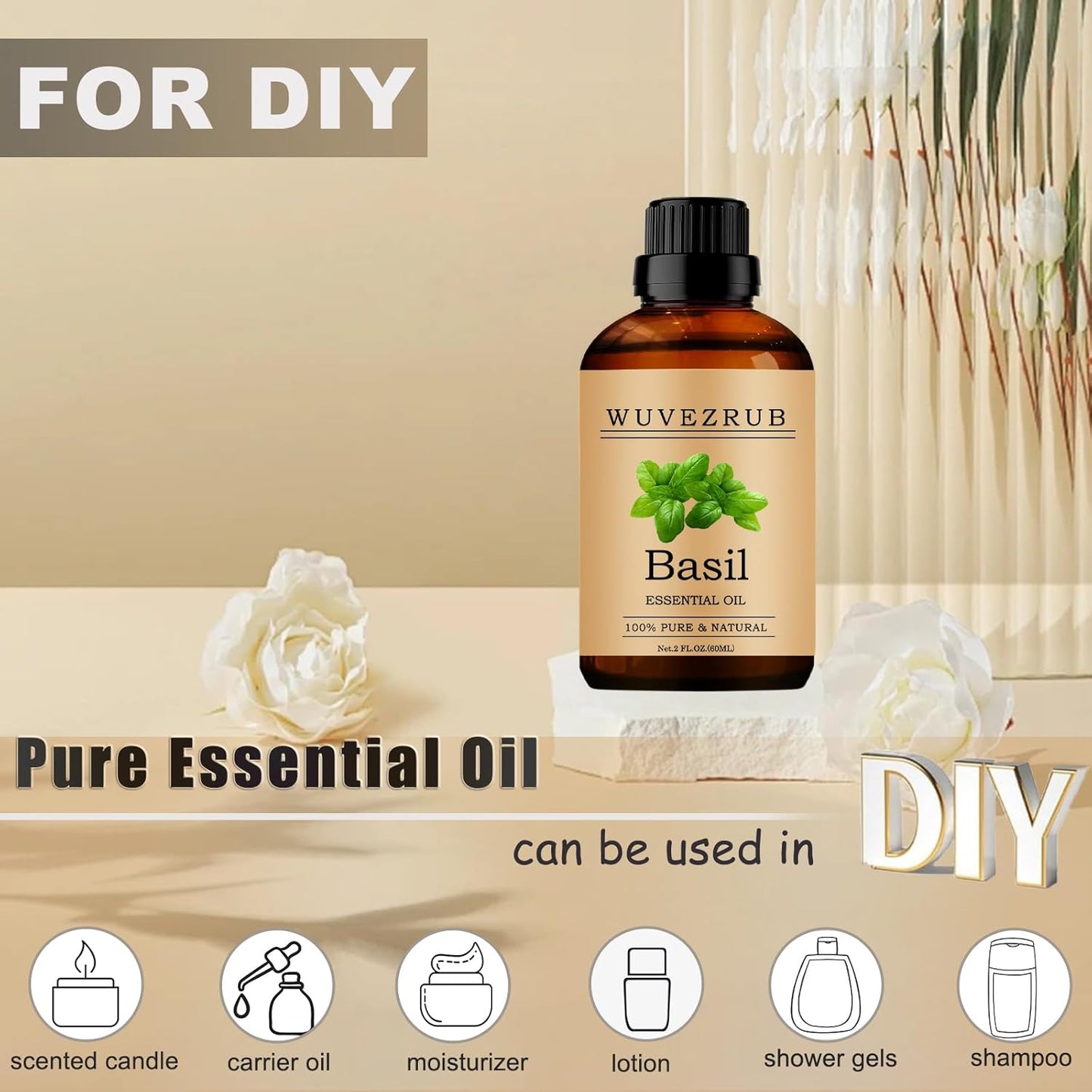 Basil Essential Oils, 60ML 100% Pure and Natural Essential Oil for Aromatherapy Diffuser - Basil /2 Fl Oz