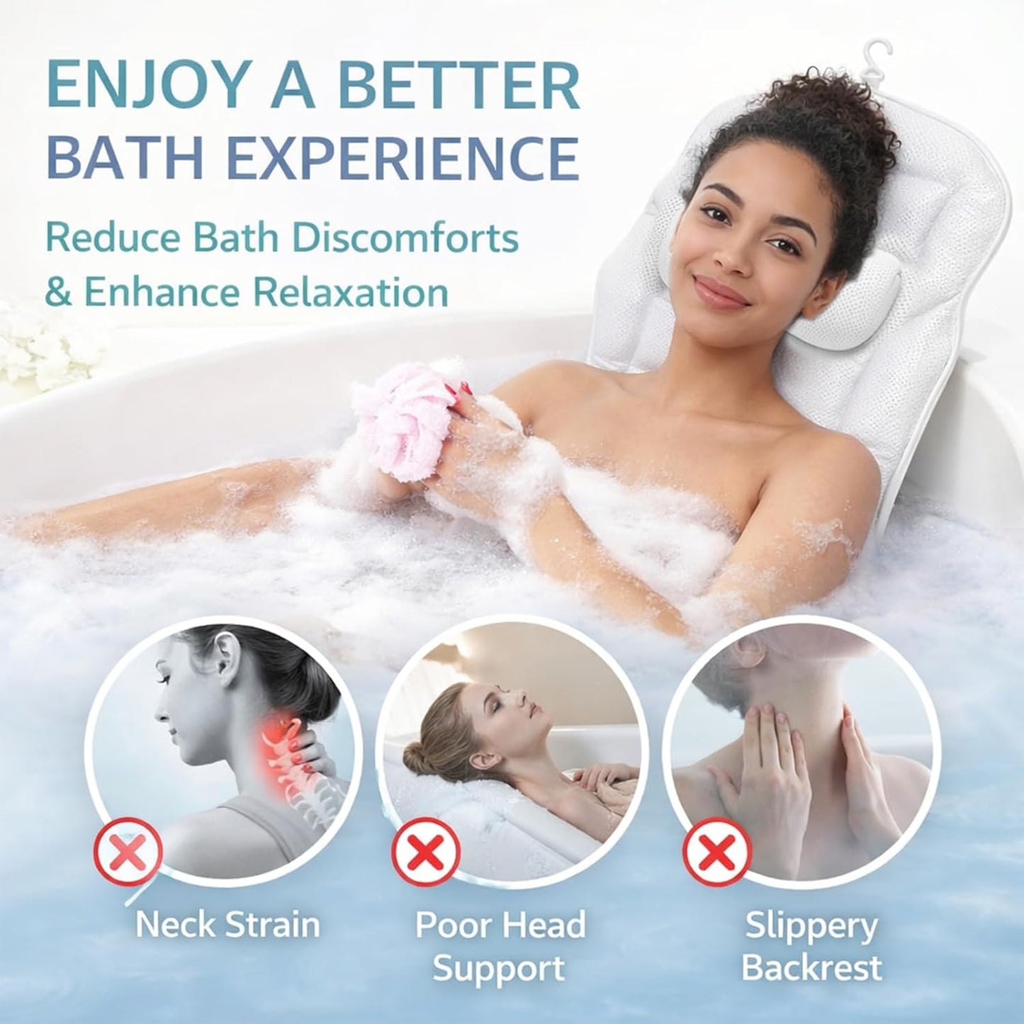 Full Body Bathtub Pillow with Lumbar Support, 5D Air Mesh Bathtub Cushion for Soaking Tub, 168 Suction Cups Full Bath Pillow for Post-Yoga Spa, Deep Relaxation & Romantic Baths