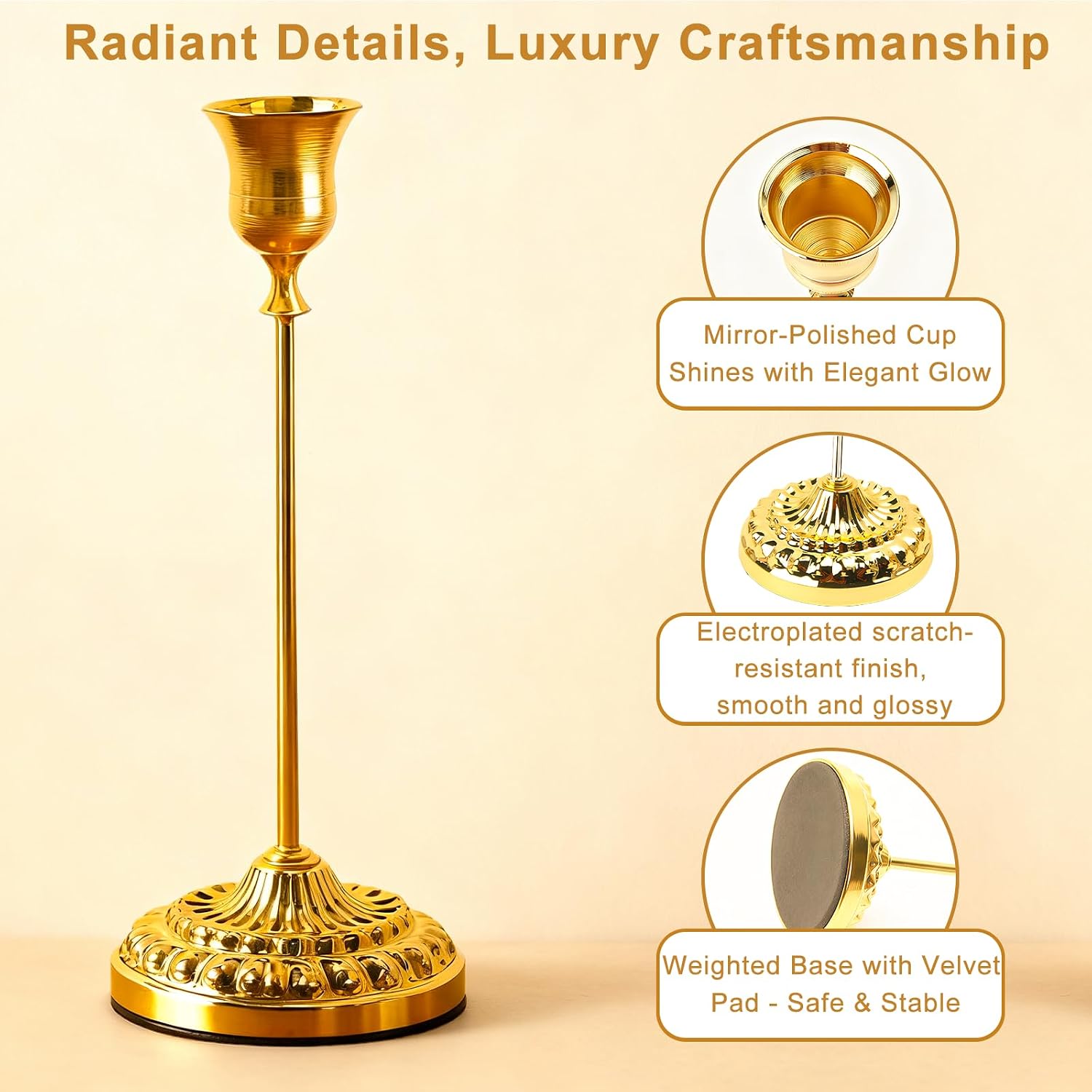 BEAHOT Gold Candle Holders, Set of 3 with Matching Candle Snuffer – Elegant Durable Non-Slip Candlestick Holders for Christmas Decorations Wedding Centerpiece, Dining Table & Home Gift Display