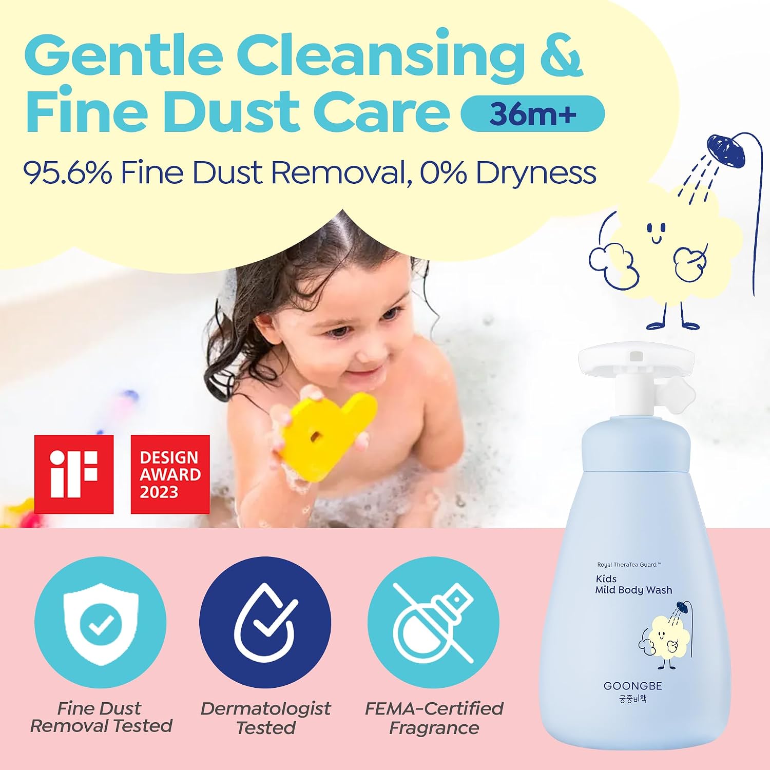 GOONGBE Kids Body Wash – Tear-Free Tested Gentle Pump Foam for Sensitive Skin – Low pH Hydrating Cleanser with Ceramide, Panthenol & Amino Acids – Allergen-Free Scent – Korean K-Beauty, 10.1 fl oz