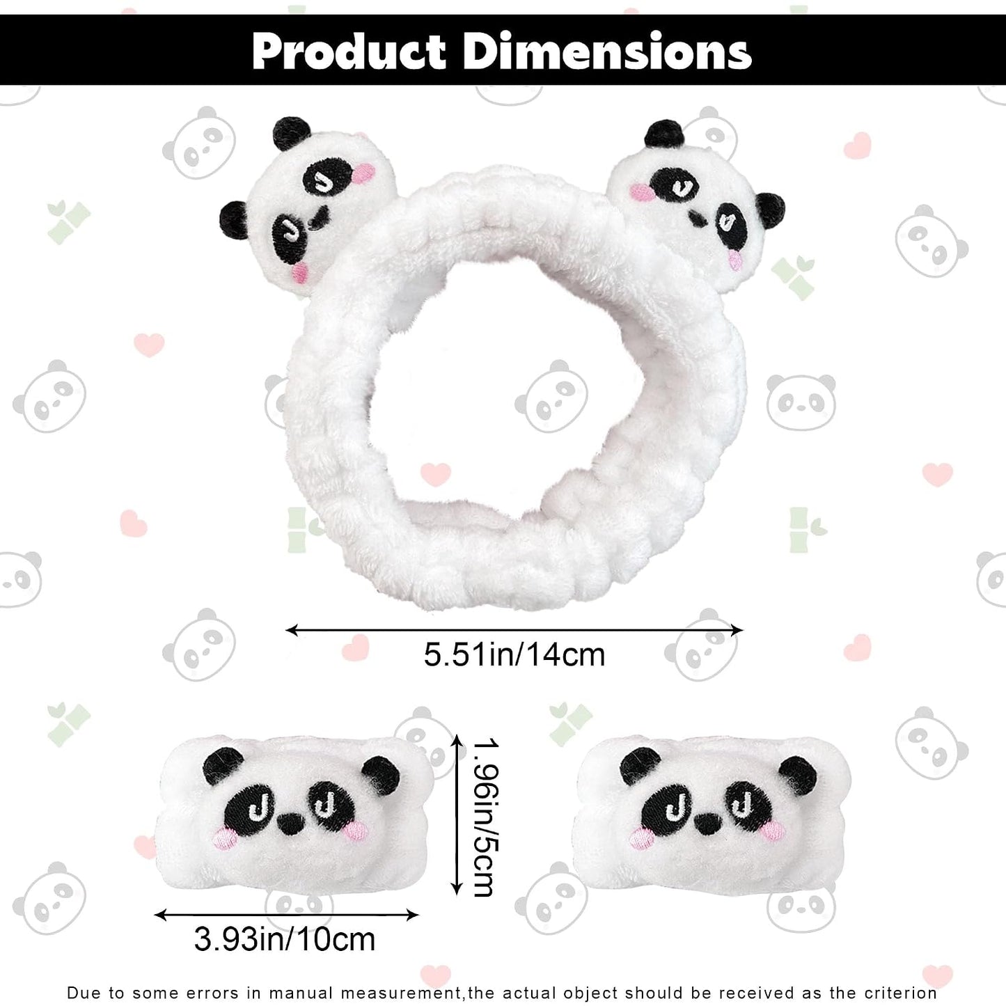 3 Pcs Unisex Adult Panda Headband & Wristbands Set, White, Plush Fabric, Spa & Face Wash Accessory