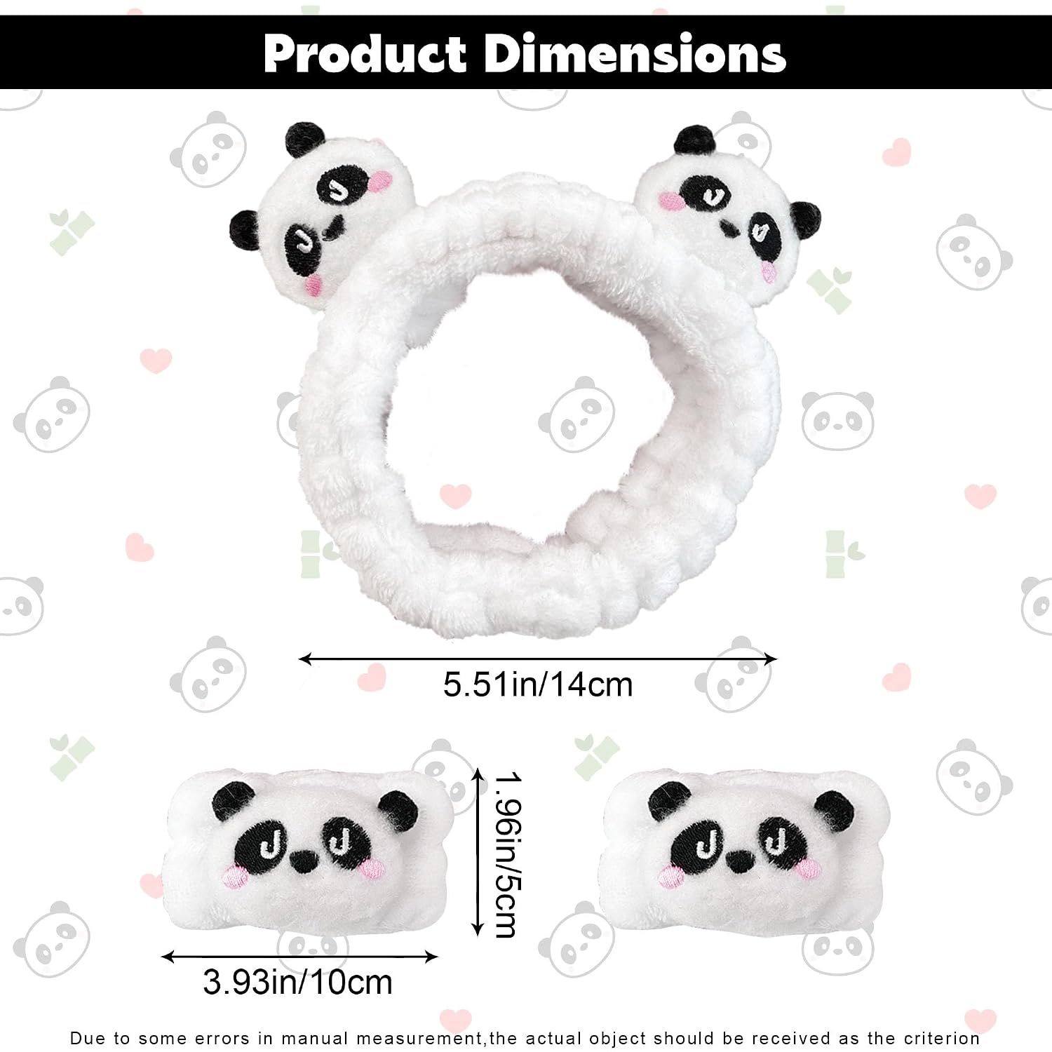 3 Pcs Unisex Adult Panda Headband & Wristbands Set, White, Plush Fabric, Spa & Face Wash Accessory
